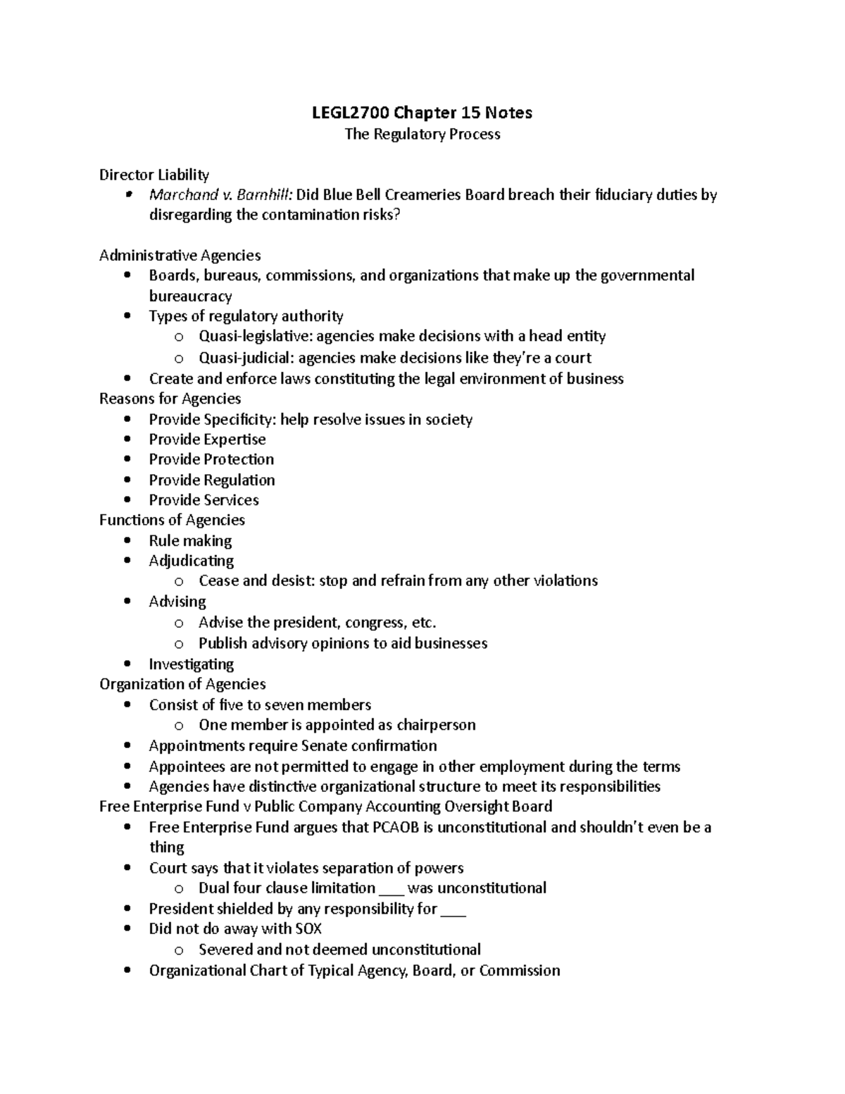 LEGL2700 Chapter 15 Notes - LEGL2700 Chapter 15 Notes The Regulatory ...