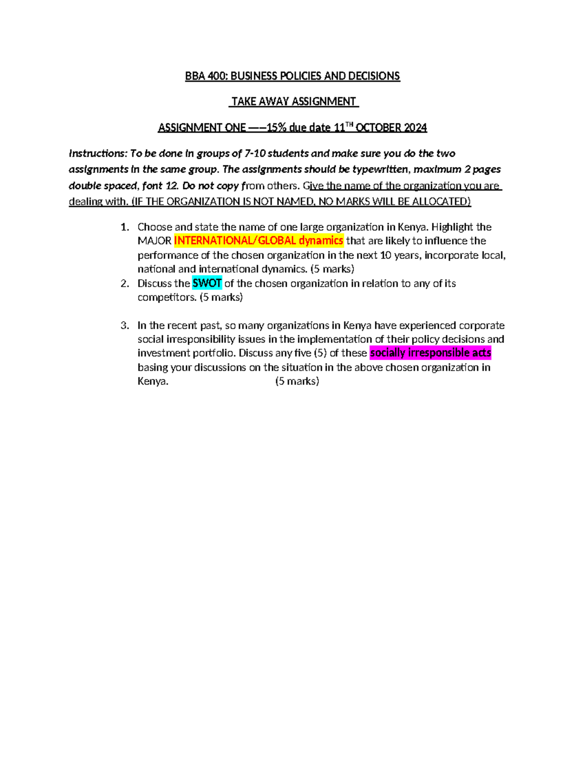BBA 400 Regular Takeaway Assignments September TO December 2024 - BBA ...