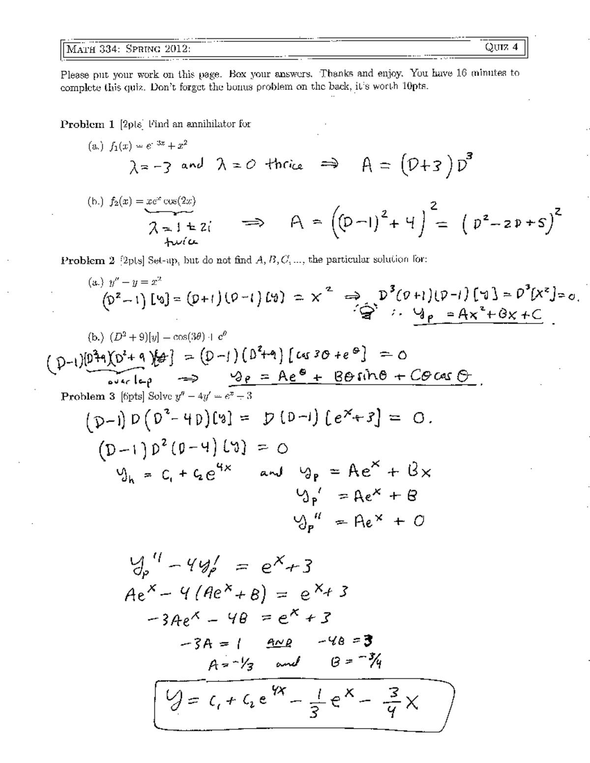 Differential Equations Quiz Week 4 soln - MATH 334 - MATH 334: SPRING ...