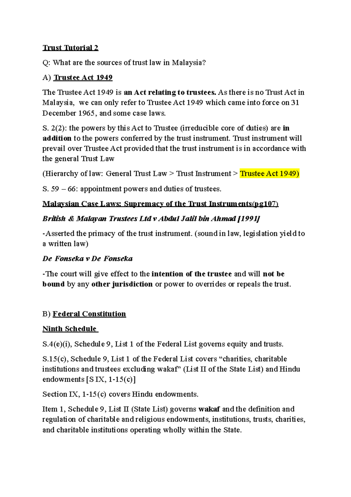 Trust Law Tutorial 2 Trust Tutorial 2 Q What are the sources of