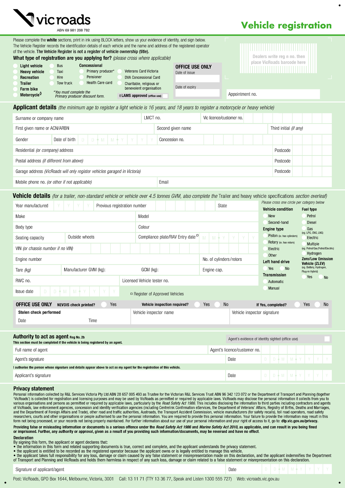 Vehicle registration form Vehicle registration Post VicRoads, GPO