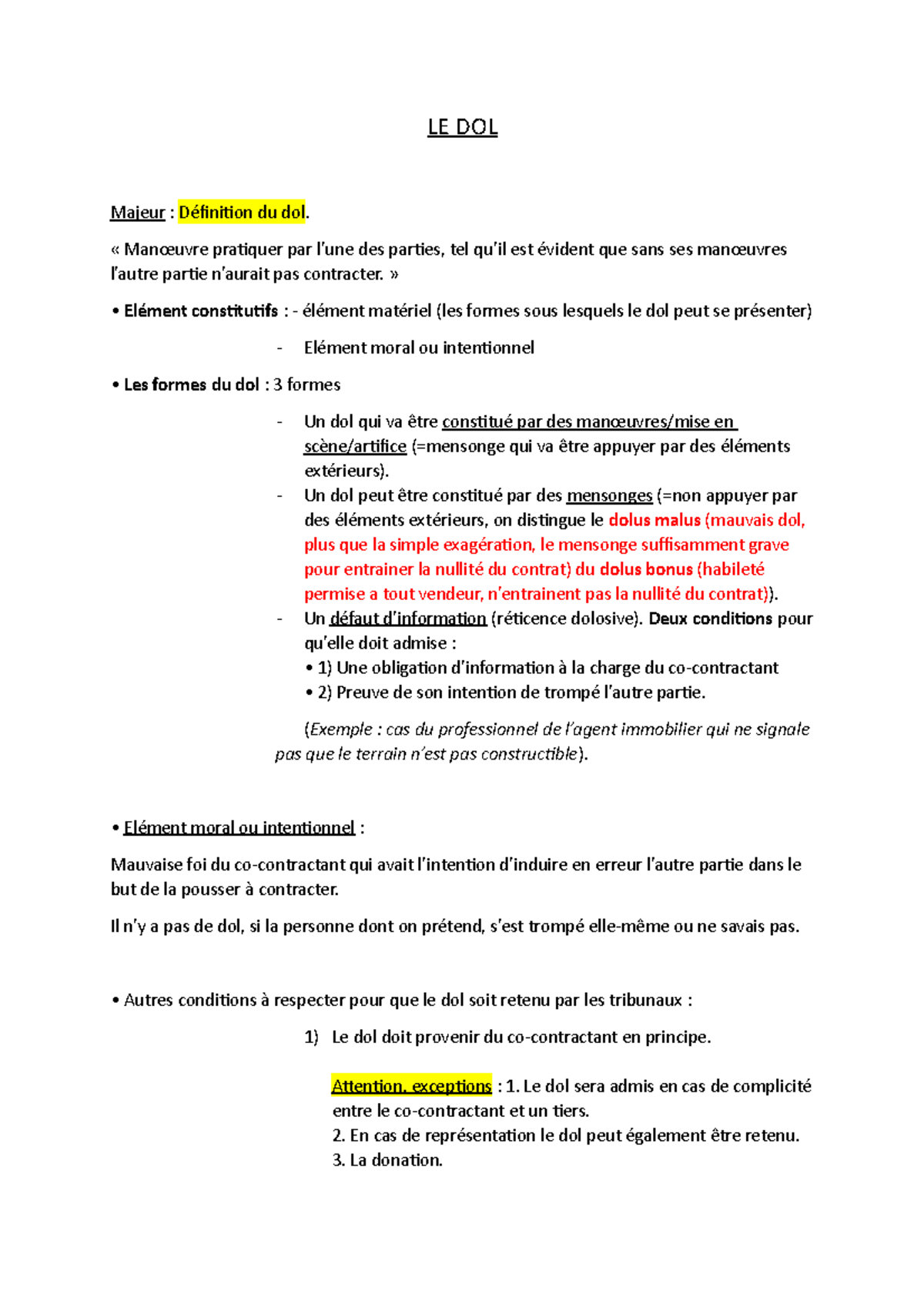 LE DOL (fiche en  ) FAIT - LE DOL Majeur : Définition du dol ...