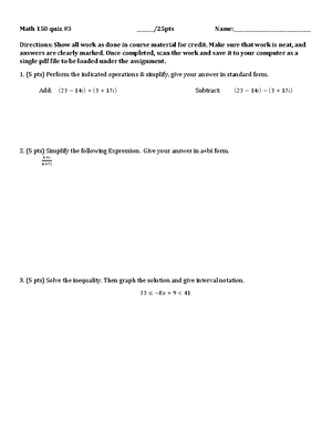 Math 150 unit1 Q2 summer 2023 - Math 150 Unit 1 Quiz 2 /25pts Name