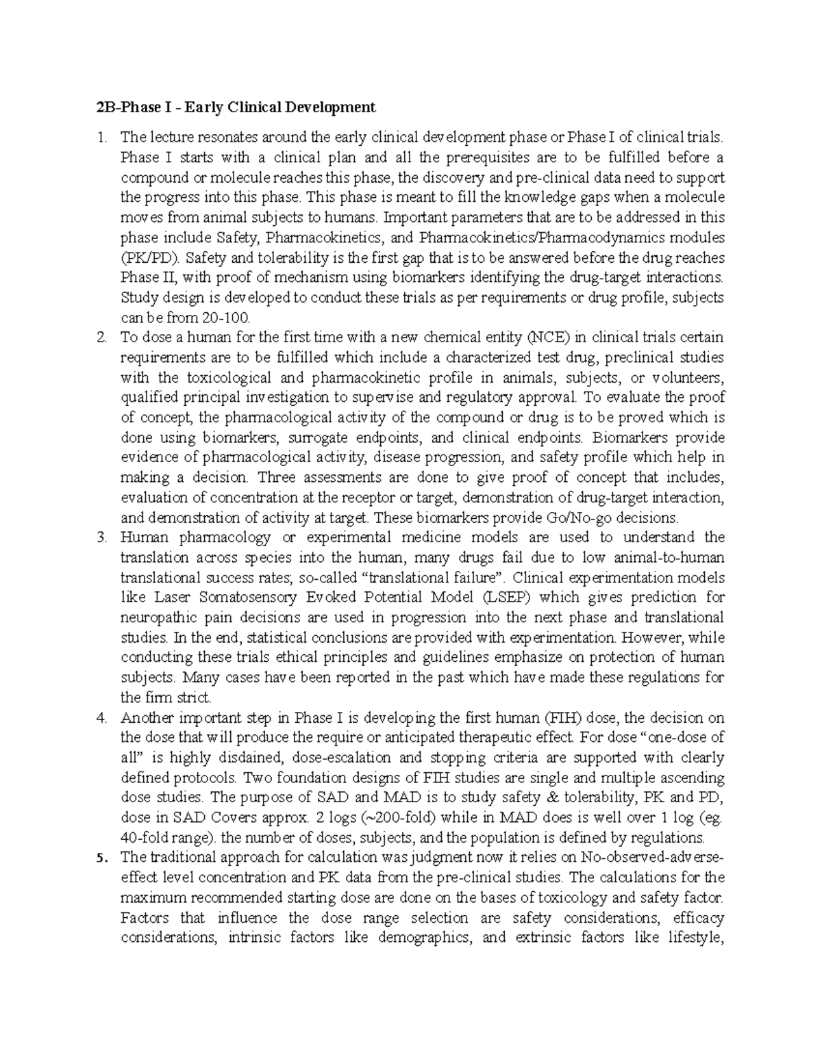Lecture 2 B Summary - 2B-Phase I - Early Clinical Development The ...