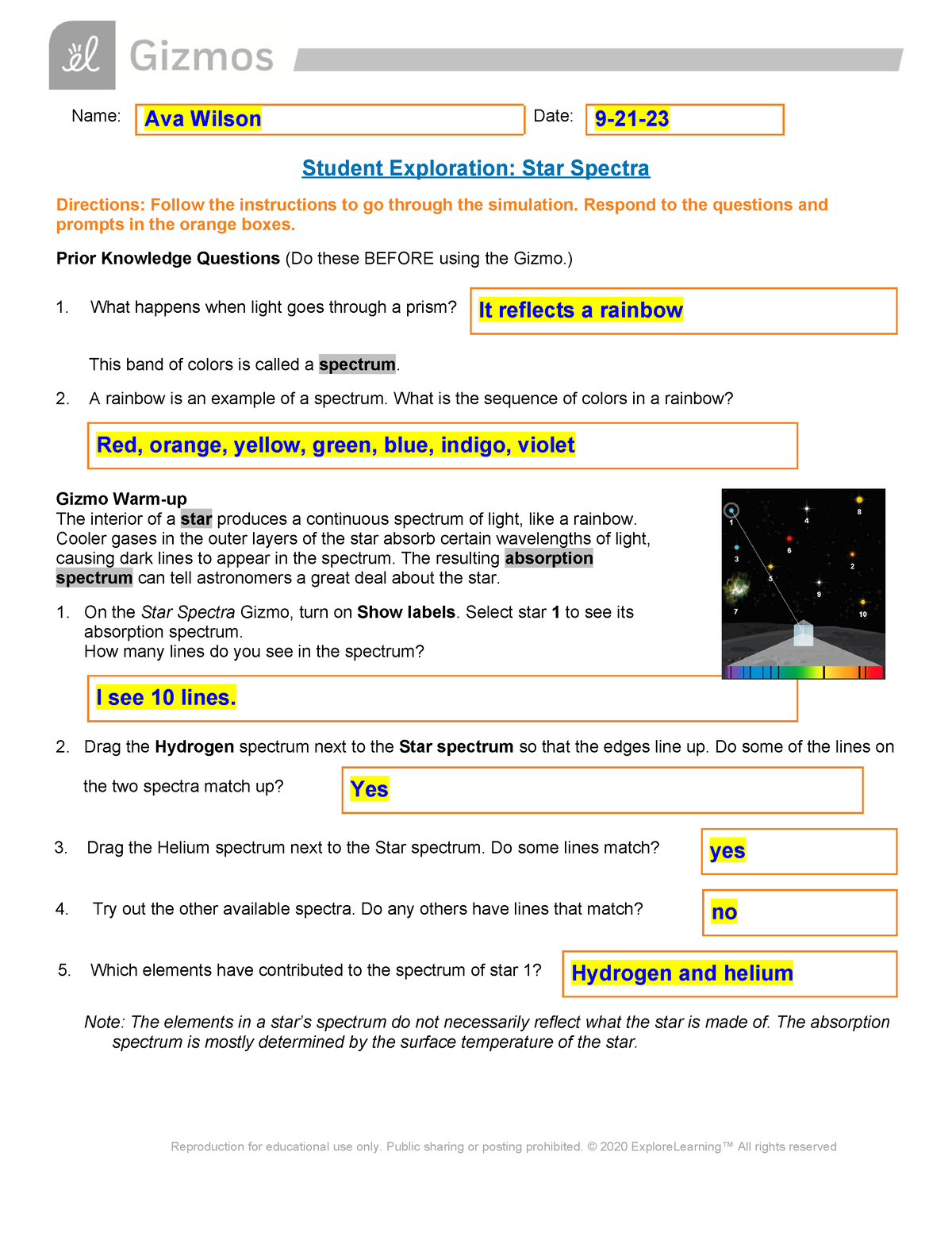 Copy Of Day 32 Star Spectra Gizmo - Name: Ava Wilson Date: 9-21 ...