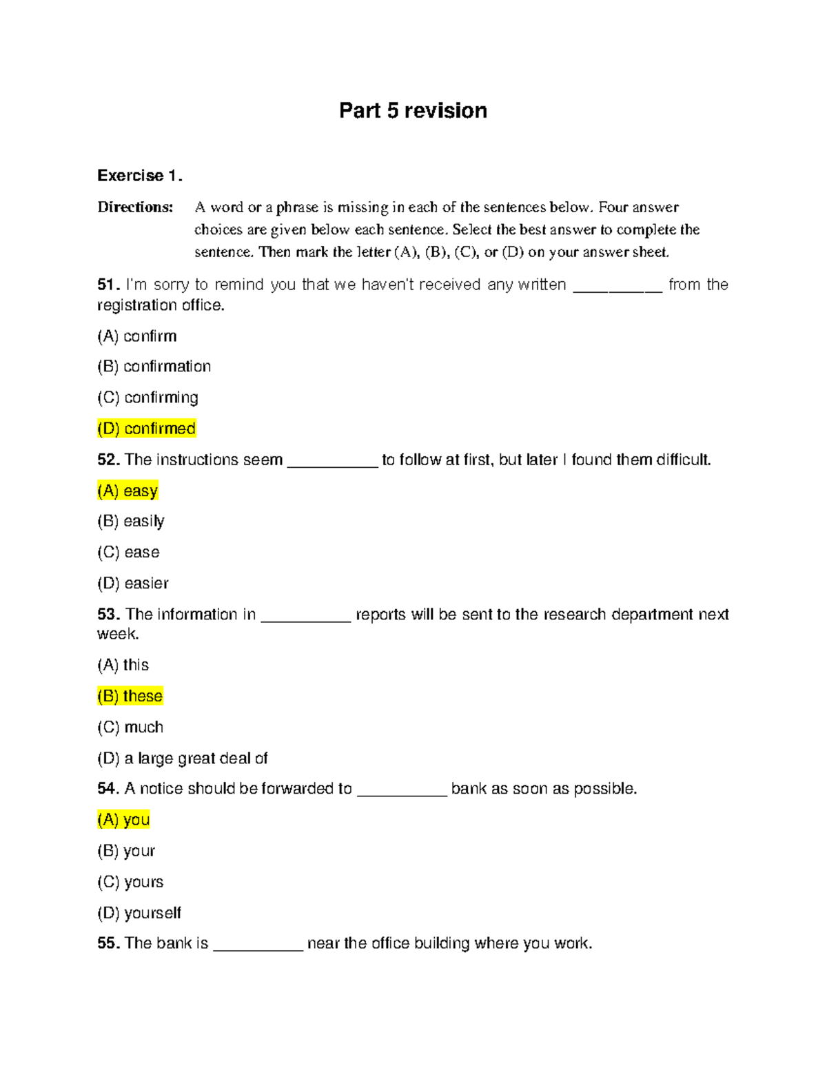 Part 5 Test 1 3 5 9 File 10 Part 5 Revision Exercise 1