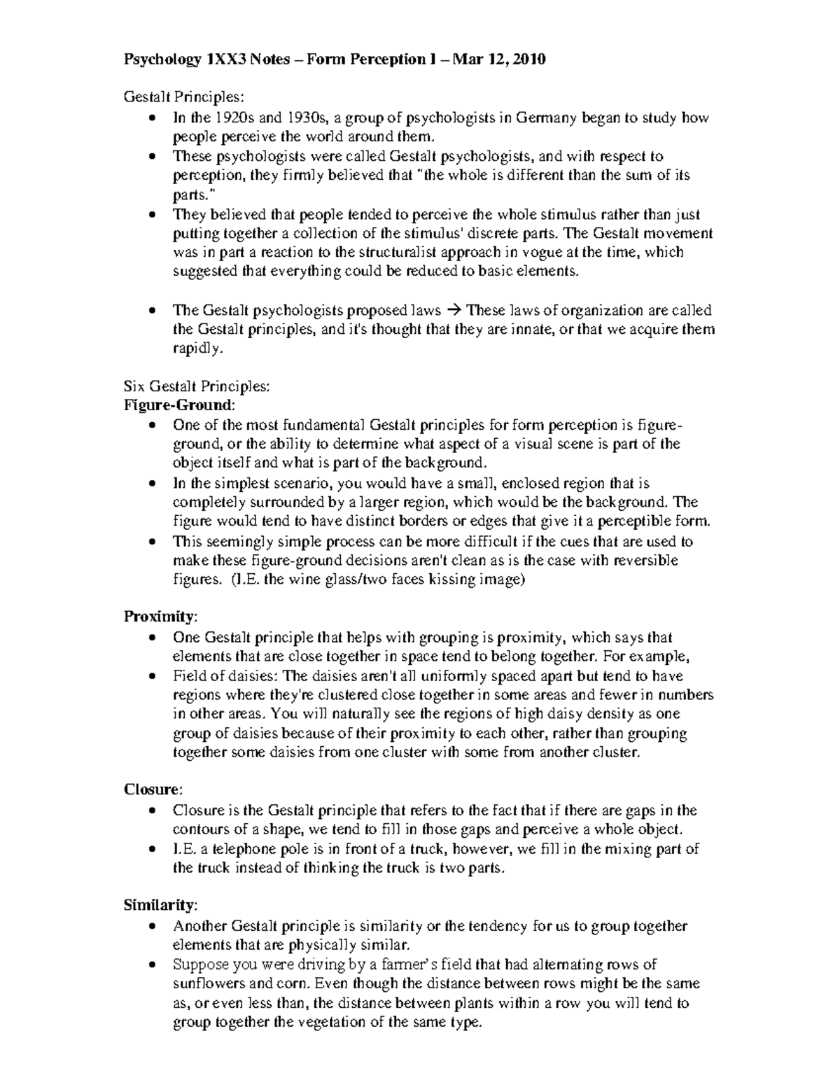 Lecture notes, Form Perception I - Psychology 1XX3 Notes – Form ...