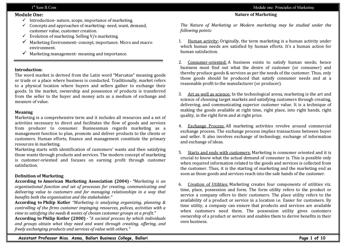 Principles Of Marketing 1st Module Study Material - 1 St Sem B Module ...