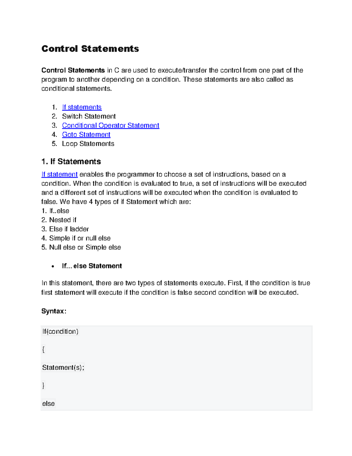 control-statements-in-c-programming-language-control-statements