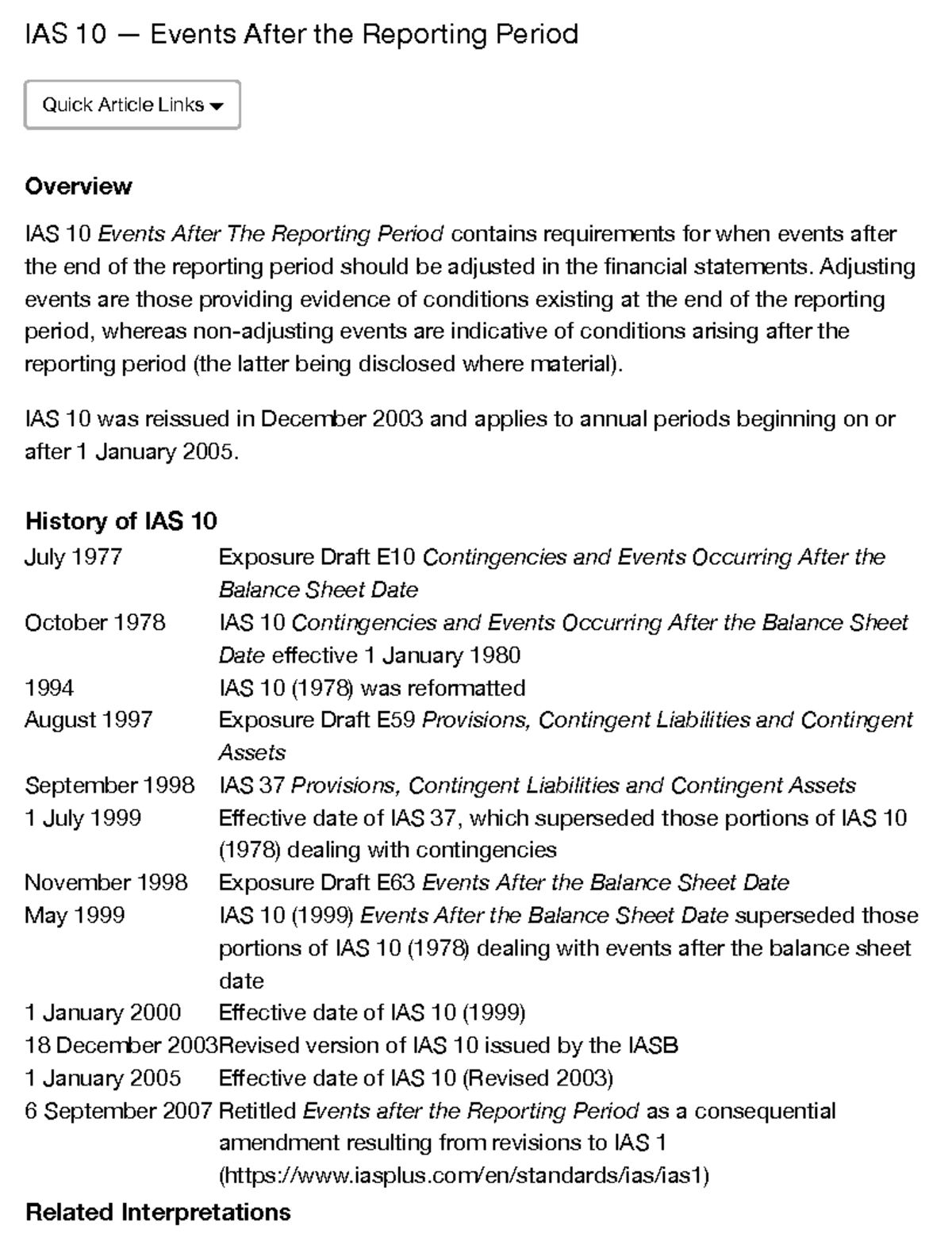 Ias 10 — Events After The Reporting Period Ias 10 — Events After The