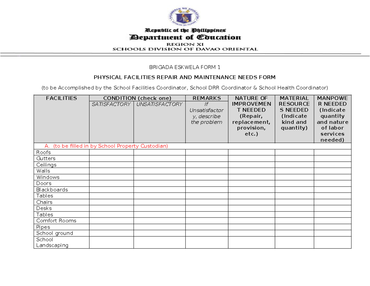 Brigada Eskwela Forms - BRIGADA ESKWELA FORM 1 PHYSICAL FACILITIES ...