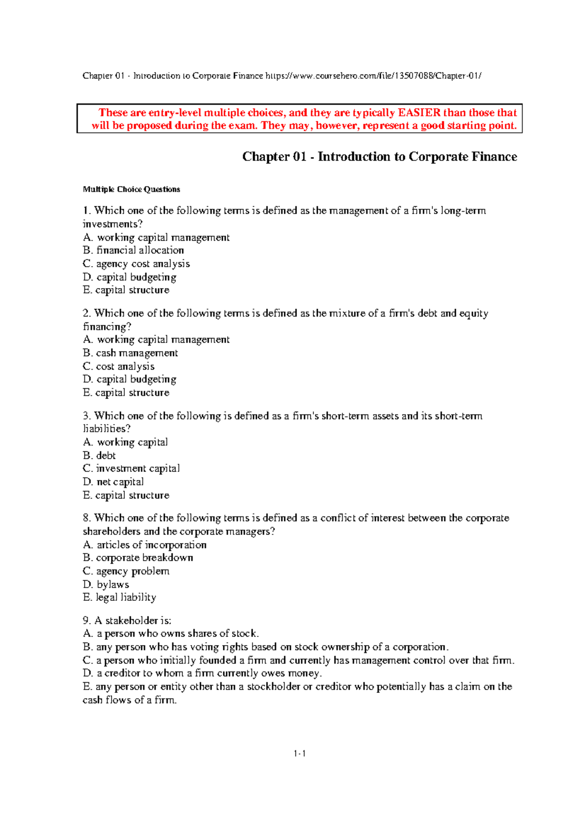 Chapter 01 Introduction to Corporate Fin - These are entry-level ...