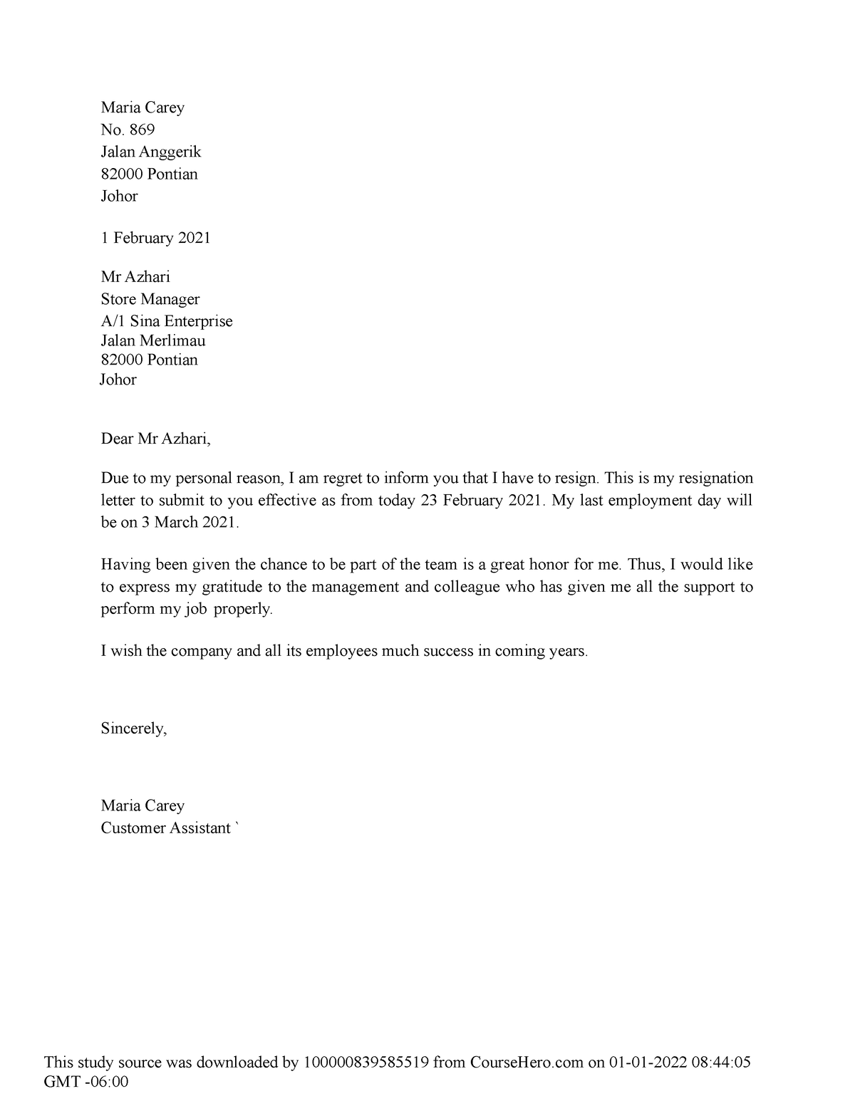 Resignation Letter Sample 2 - Maria Carey No. 869 Jalan Anggerik 82000 ...