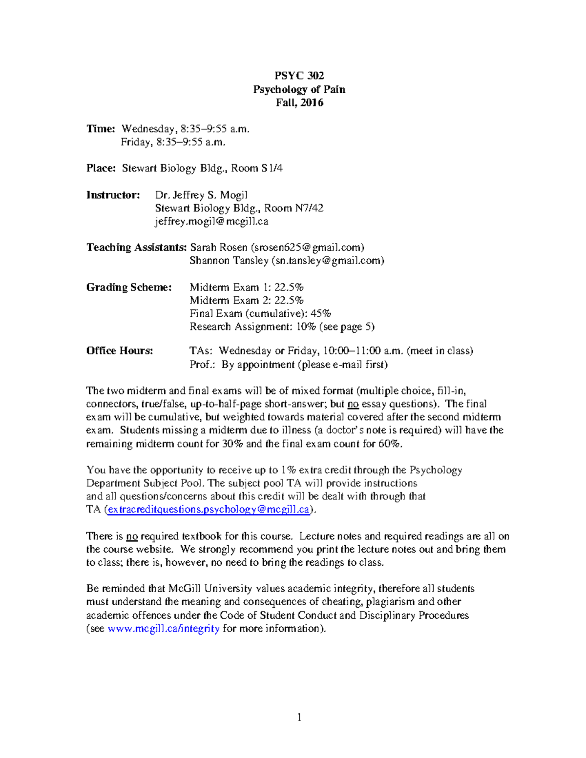 PSYC 302 Syllabus - Fall 2016 - PSYC 302 Psychology of Pain Fall, 2016 ...