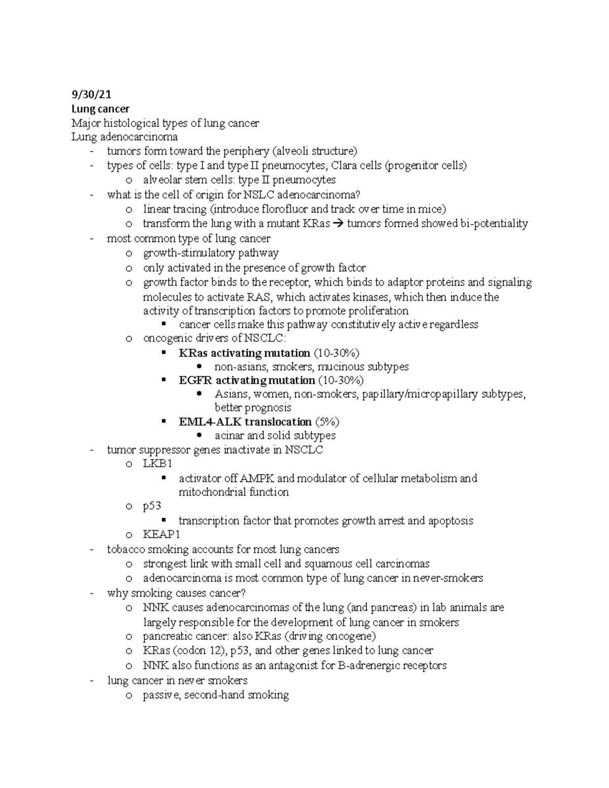 Lung Cancer Notes - Professor Macleod - 9/30/ Lung cancer Major ...