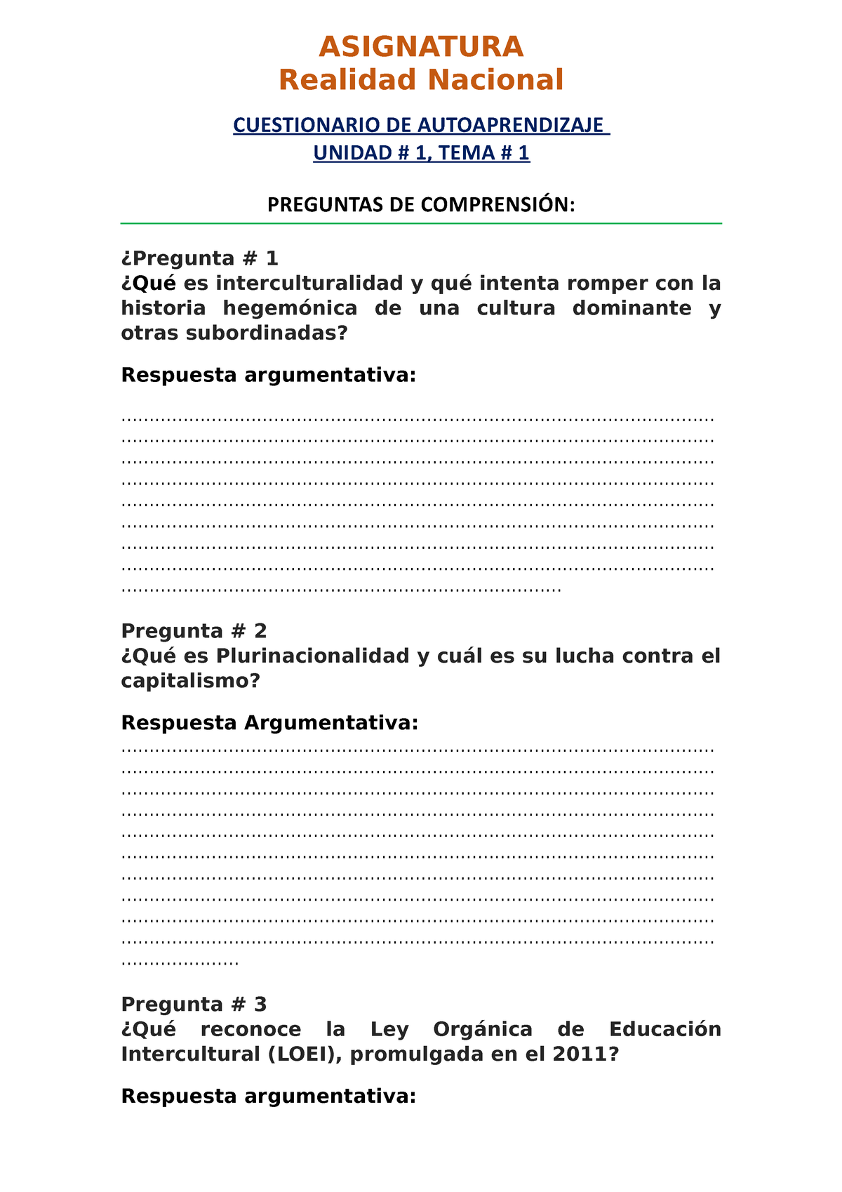 Cuestionario De Auto-Aprendizaje-Unidad # 1-Tema # 1 - ASIGNATURA ...