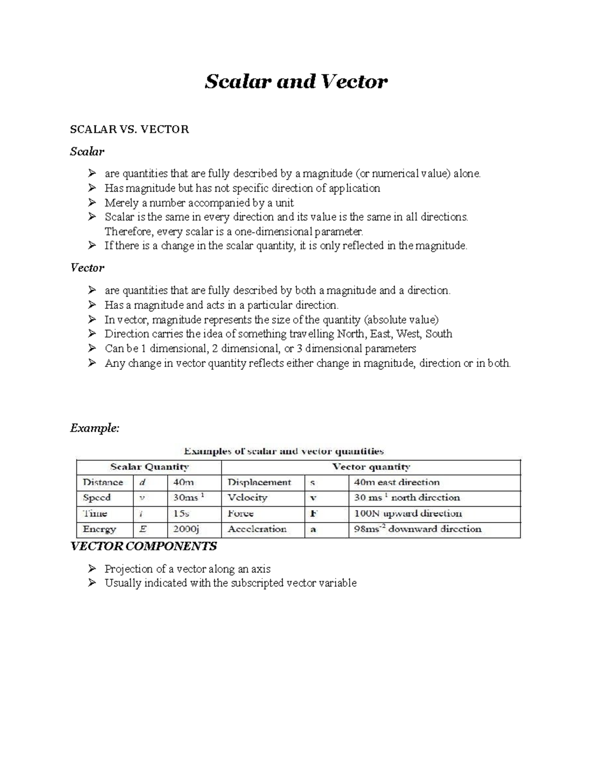 Scalar and Vector - Scalar and Vector SCALAR VS. VECTOR Scalar are ...