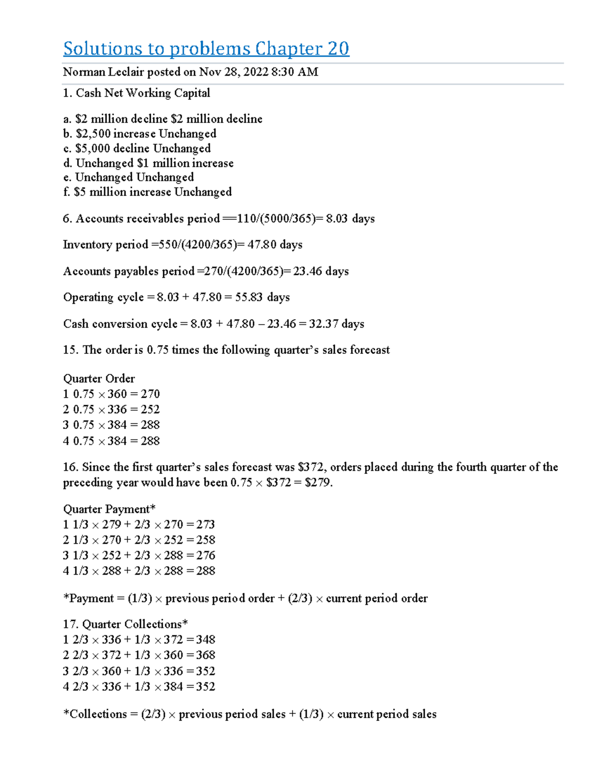 ACCT 702 Ch.20 Practice Quiz - Solutions to problems Chapter 20 Norman ...