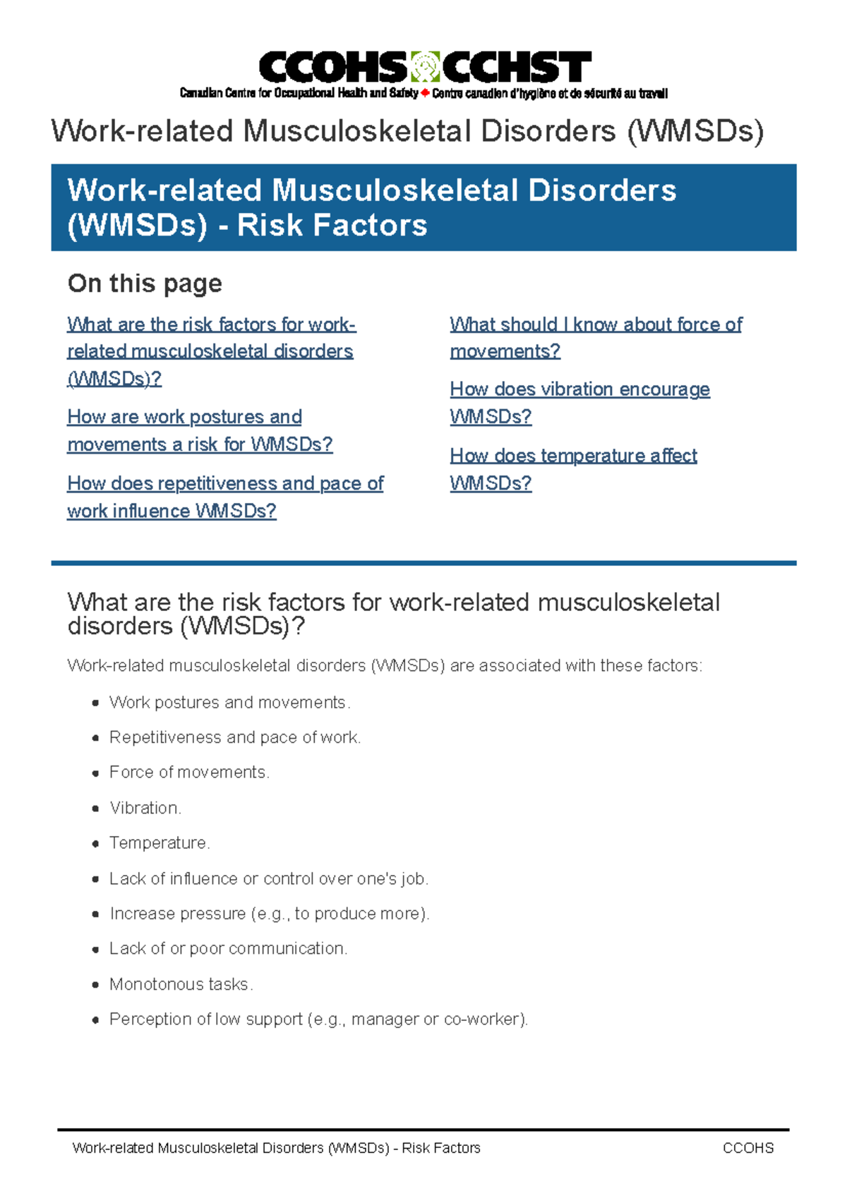 Msk disorders notes risk factors - Work-related Musculoskeletal ...