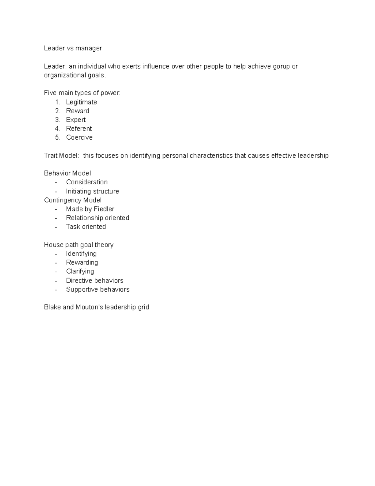 Leader vs manager notes - Leader vs manager Leader: an individual who ...