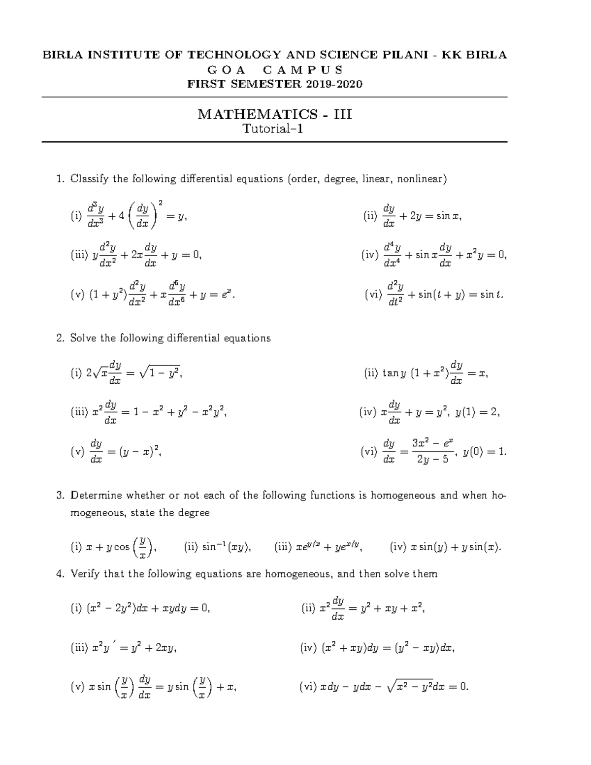 Tutorial-1 OF DIFFERENTIAL EQUATIONS WITH APPLICATIONS AND NOTES ...