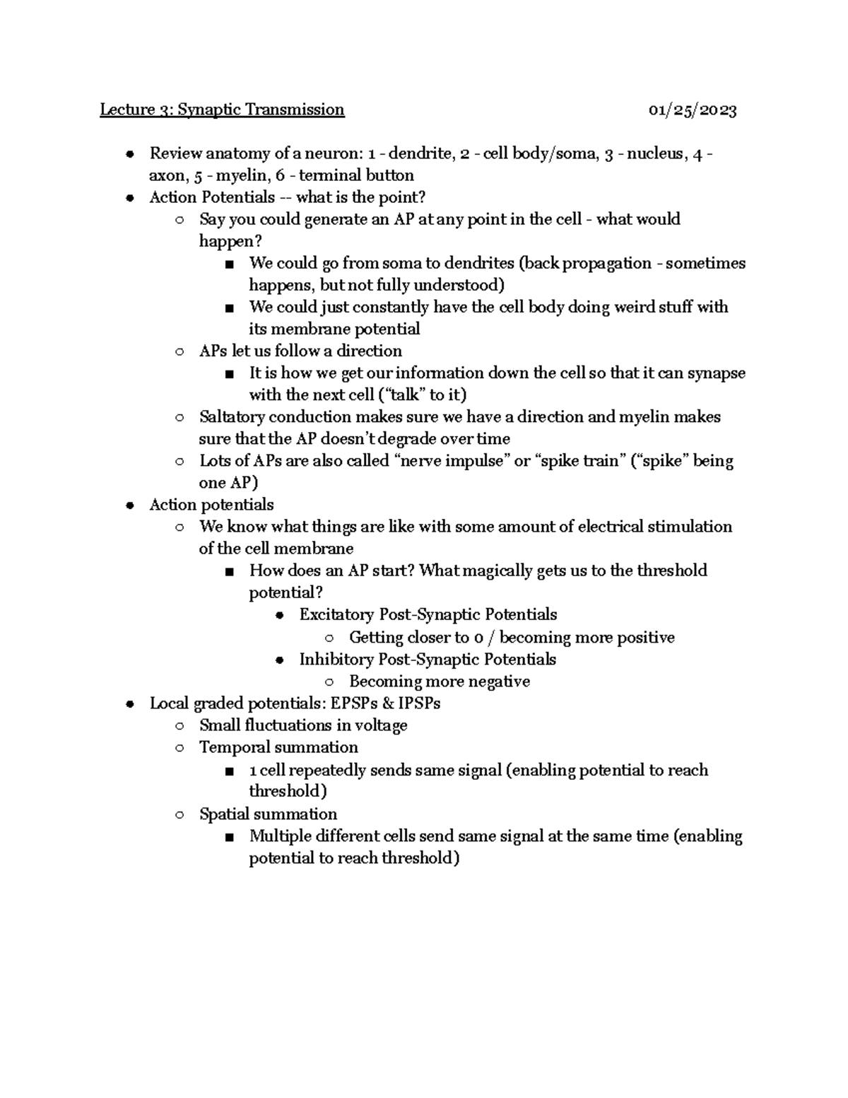 Lecture 3 Notes Synaptic Transmission - Lecture 3: Synaptic ...