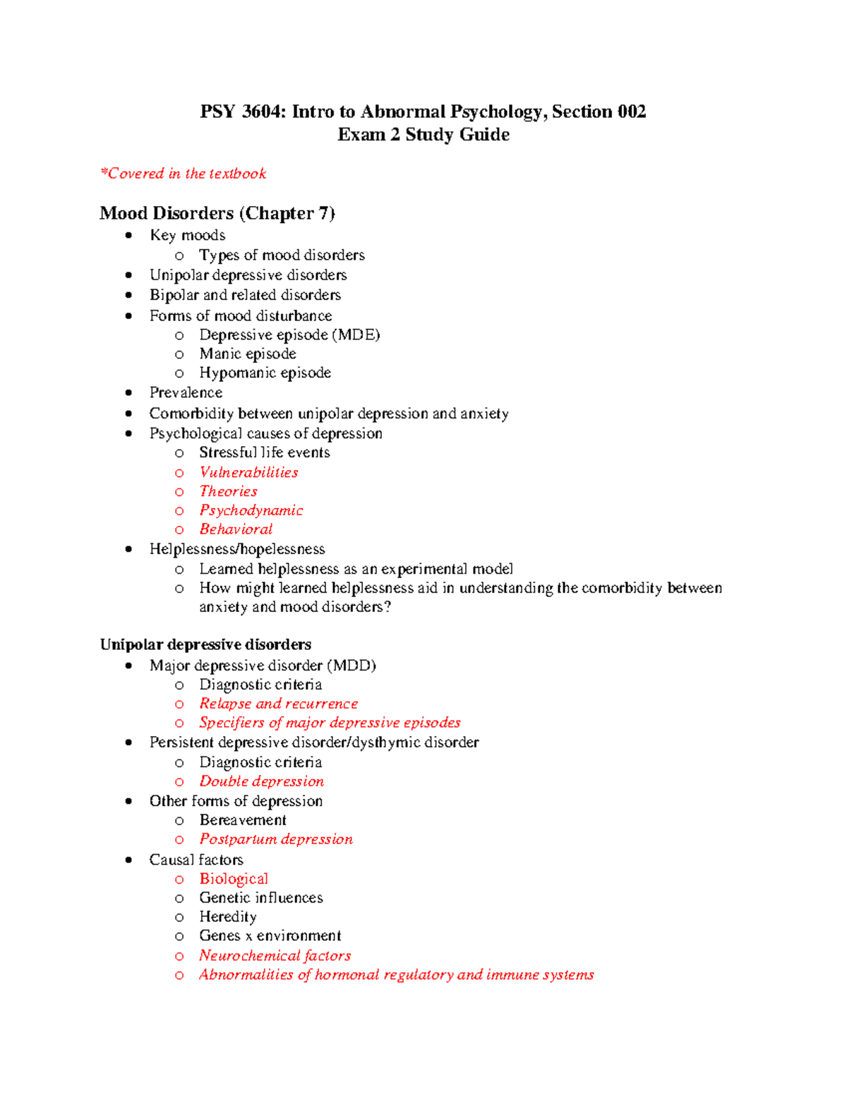 Exam 2 Study Guide - PSY 3604: Intro To Abnormal Psychology, Section ...