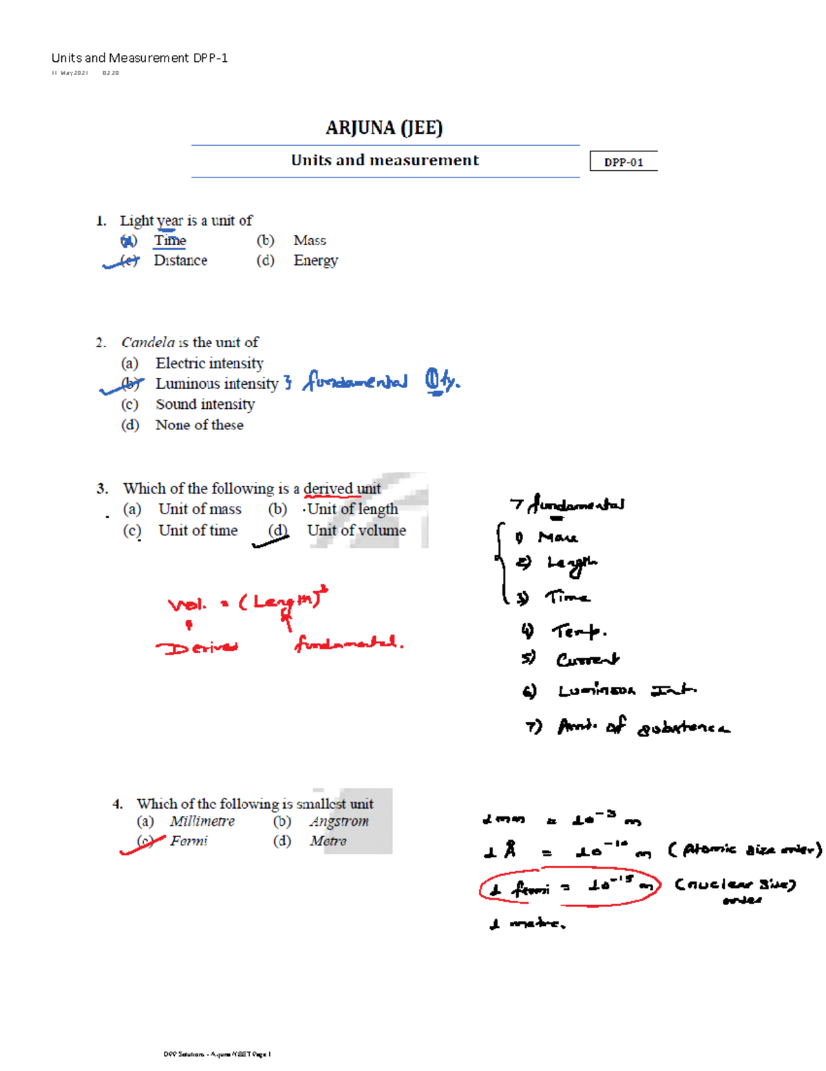 Introduction of Physical Units and Dimensions DPP 01 Solution Notes ...