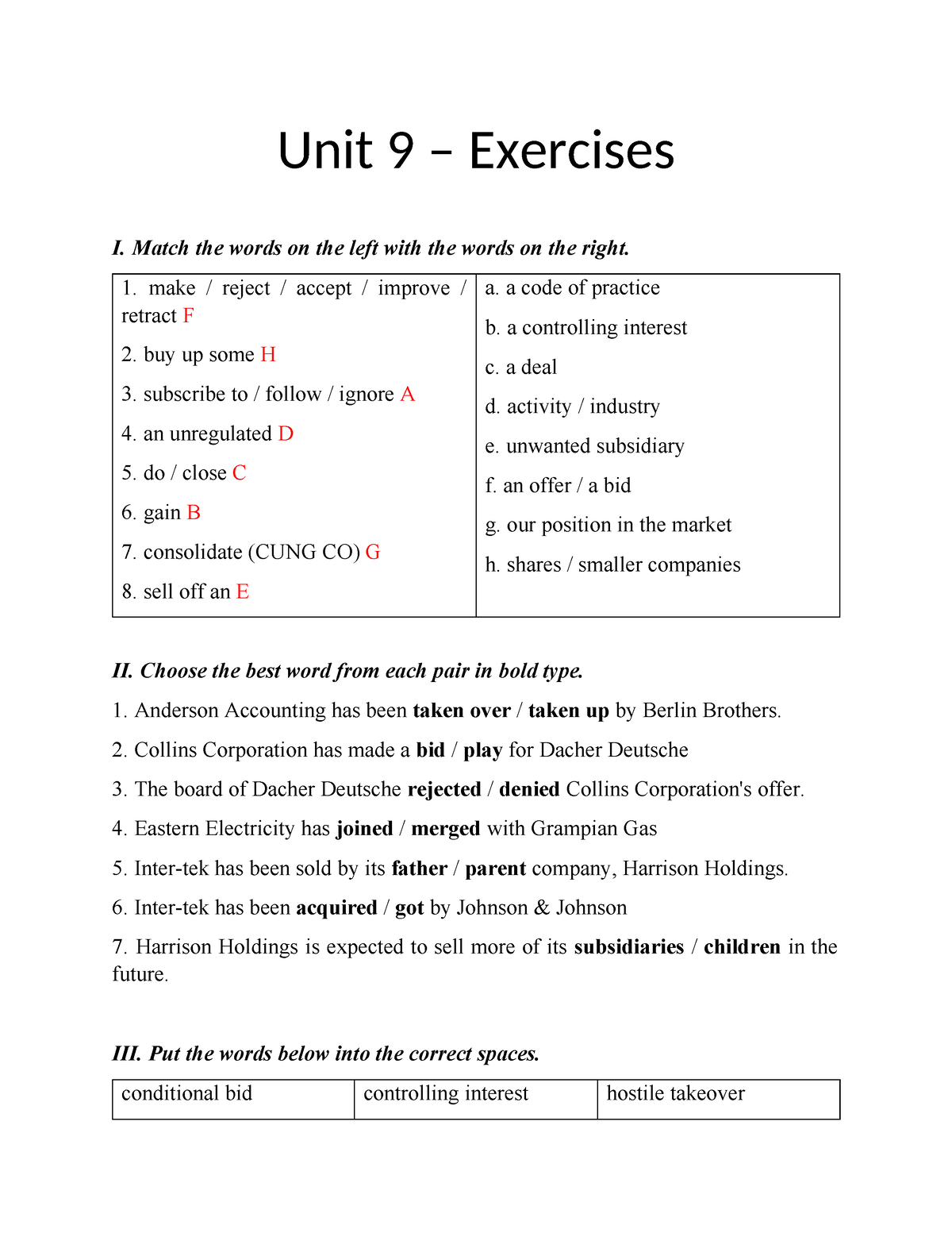 Unit 9 Homework - Unit 9 – Exercises I. Match The Words On The Left ...