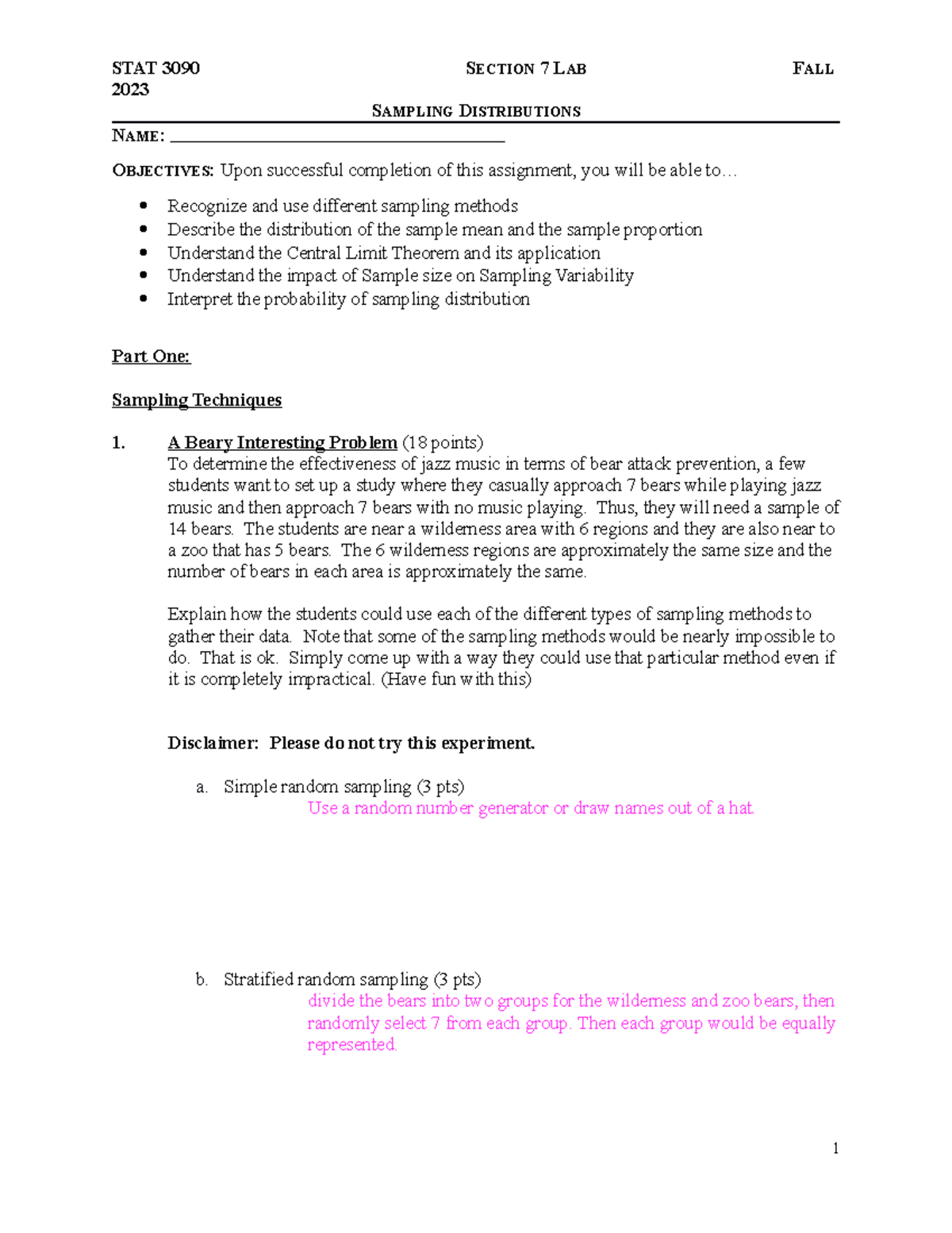 Section 7 Lab Activity - 2023 SAMPLING DISTRIBUTIONS NAME: OBJECTIVES ...