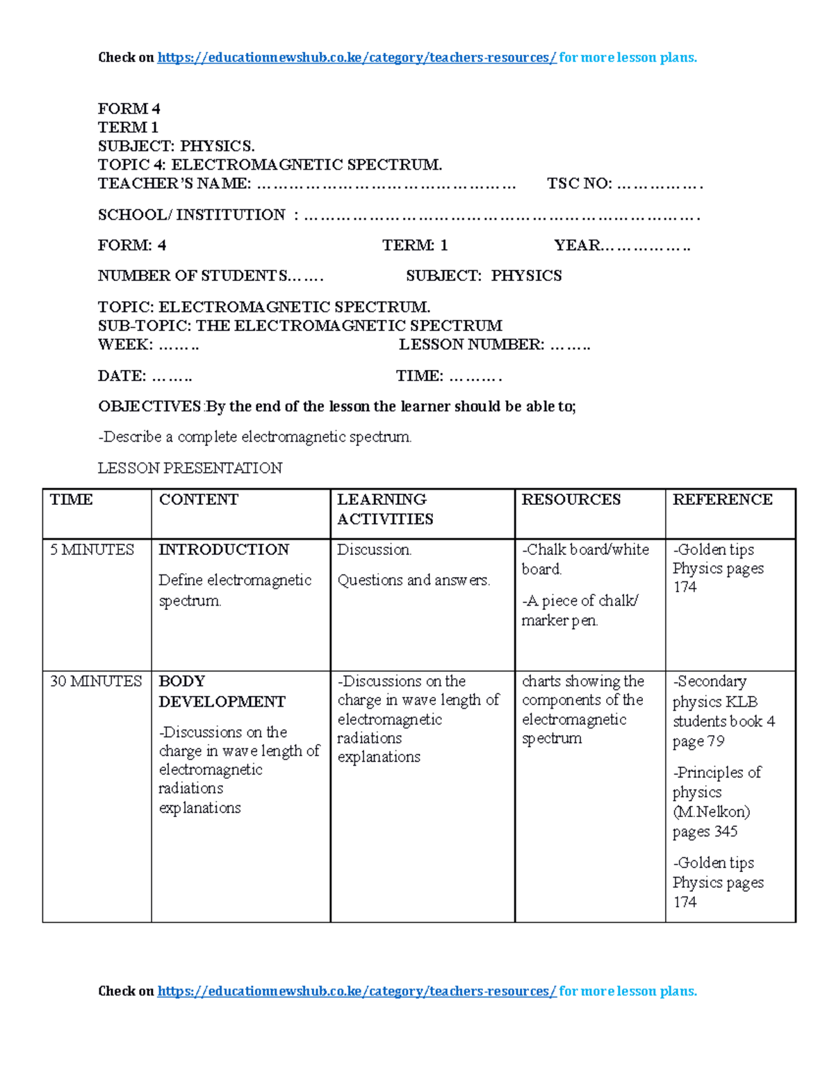 Physics Lesson Plans - FORM 4 TERM 1 SUBJECT: PHYSICS. TOPIC 4 ...