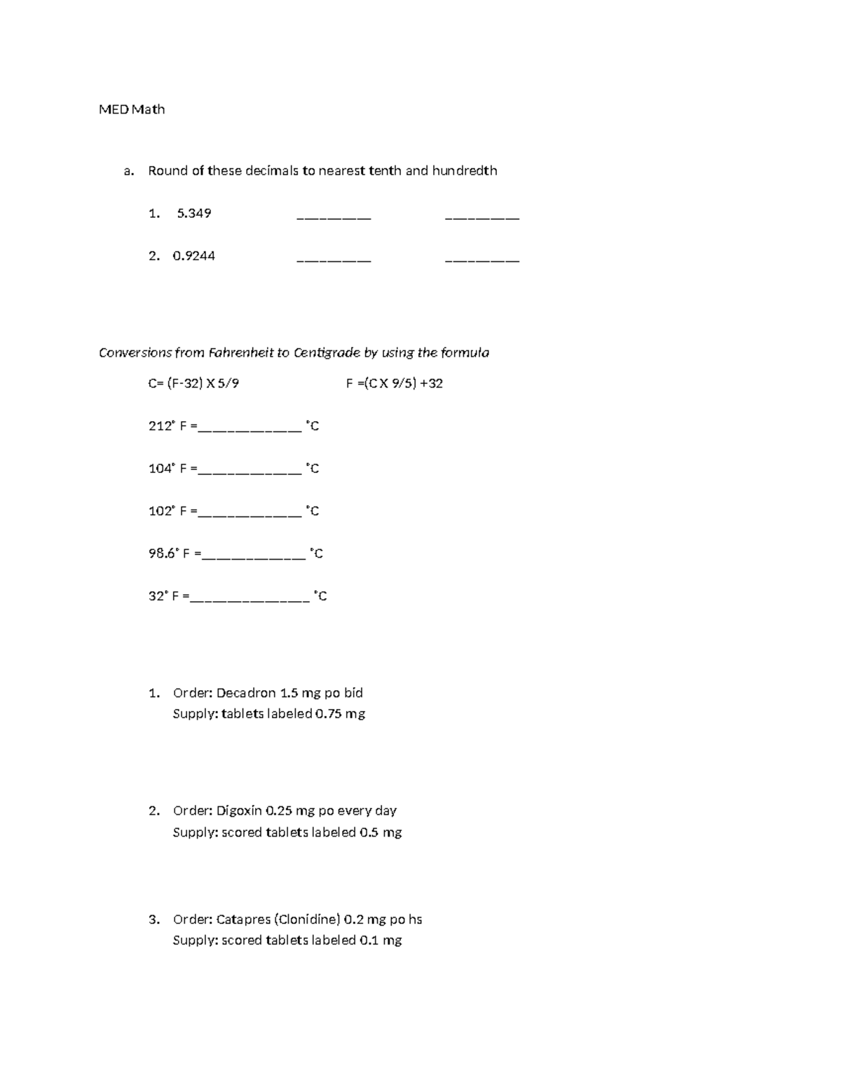 MED Math - Med Math - MED Math a. Round of these decimals to nearest ...