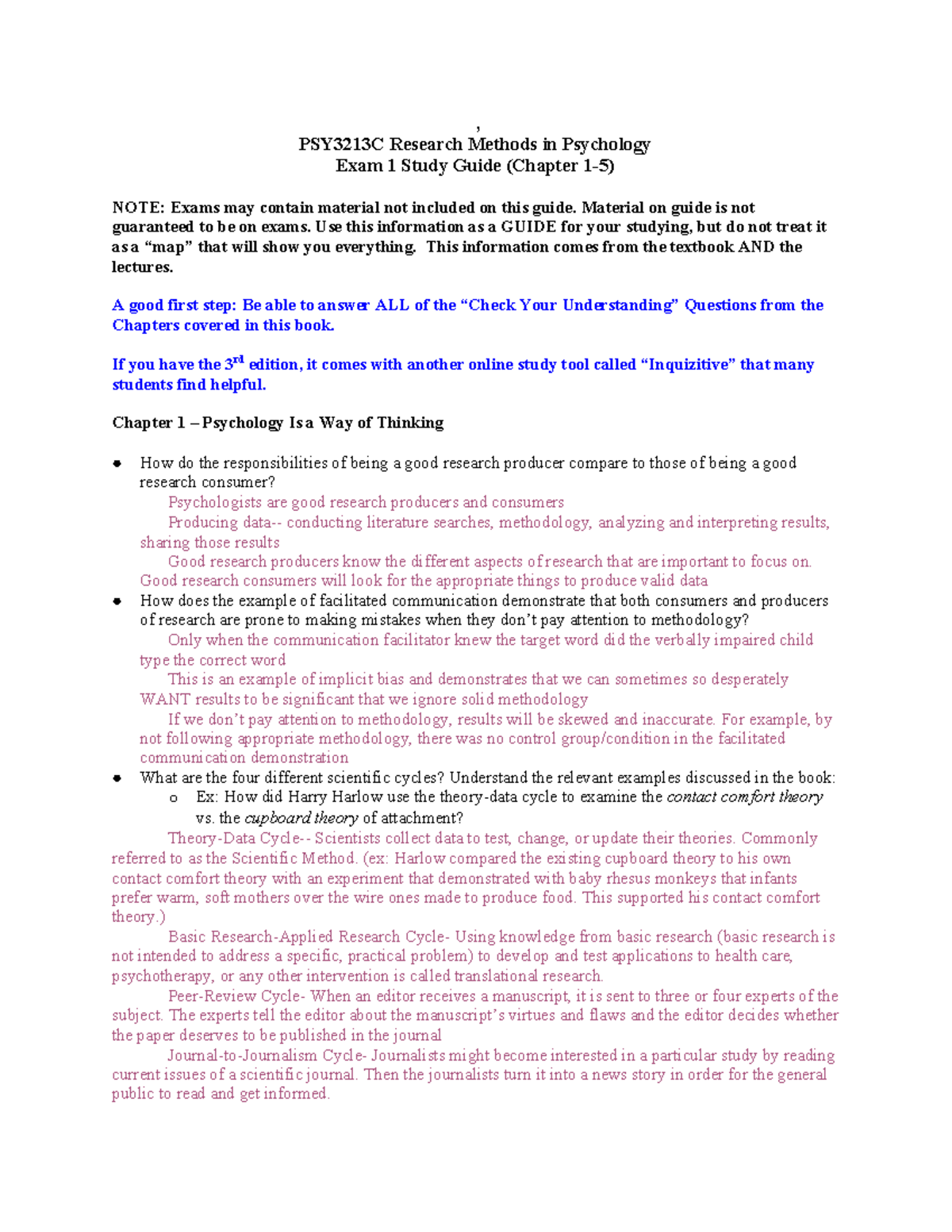 PSY 3213C - Study Guide for Exam 1 - , PSY3213C Research Methods in ...