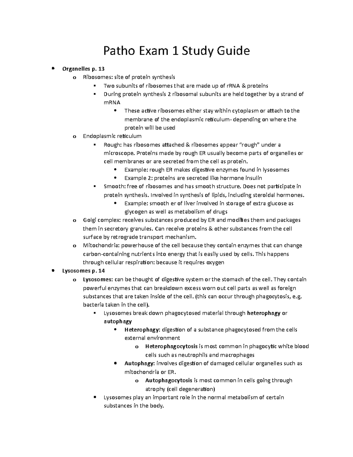 Patho Exam 1 Study Guide - Patho Exam 1 Study Guide Organelles P. 13 O ...