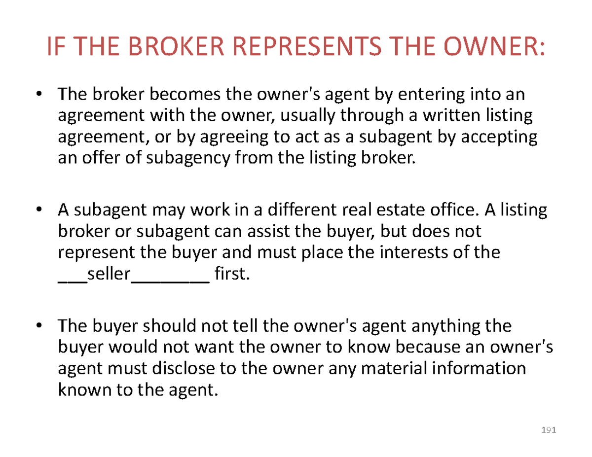 Real Estate 19 - IF THE BROKER REPRESENTS THE OWNER: The Broker Becomes ...