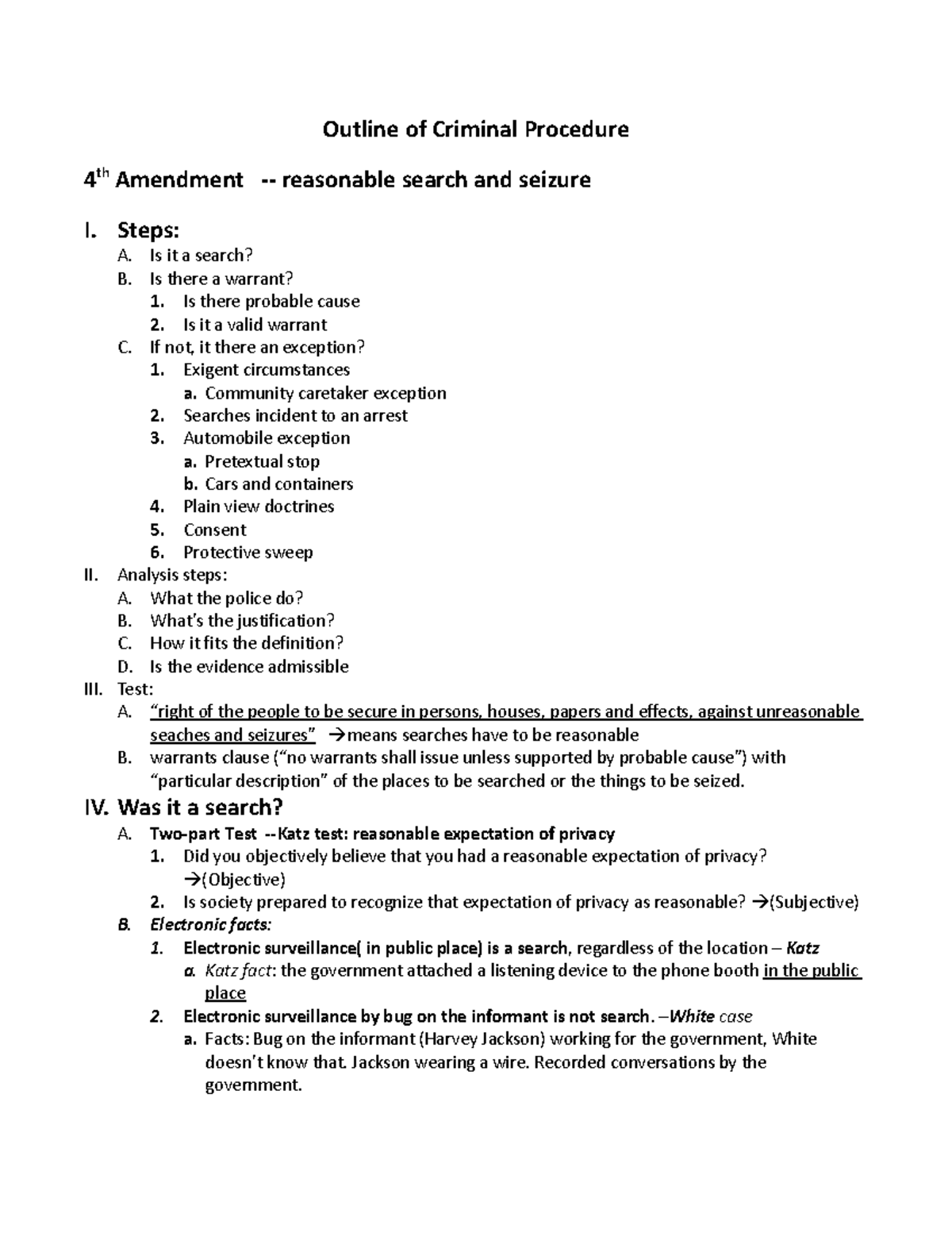 Outline Of Criminal Procedure - Steps: A. Is It A Search? B. Is There A ...