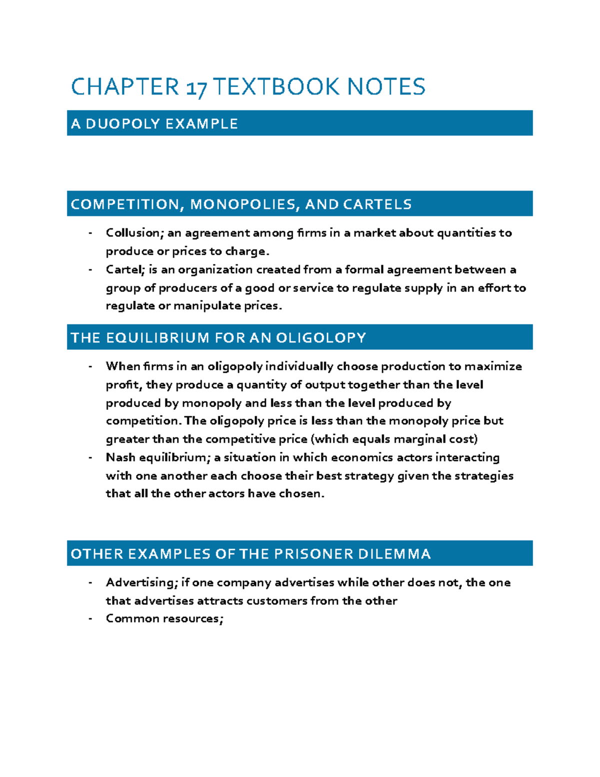 Chapter 17 textbook notes - CHAPTER 17 TEXTBOOK NOTES A DUOPOLY EXAMPLE ...