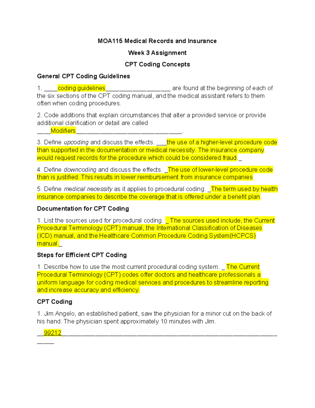 MOA115 Week 3 Assignment - MOA115 Medical Records And Insurance Week 3 ...