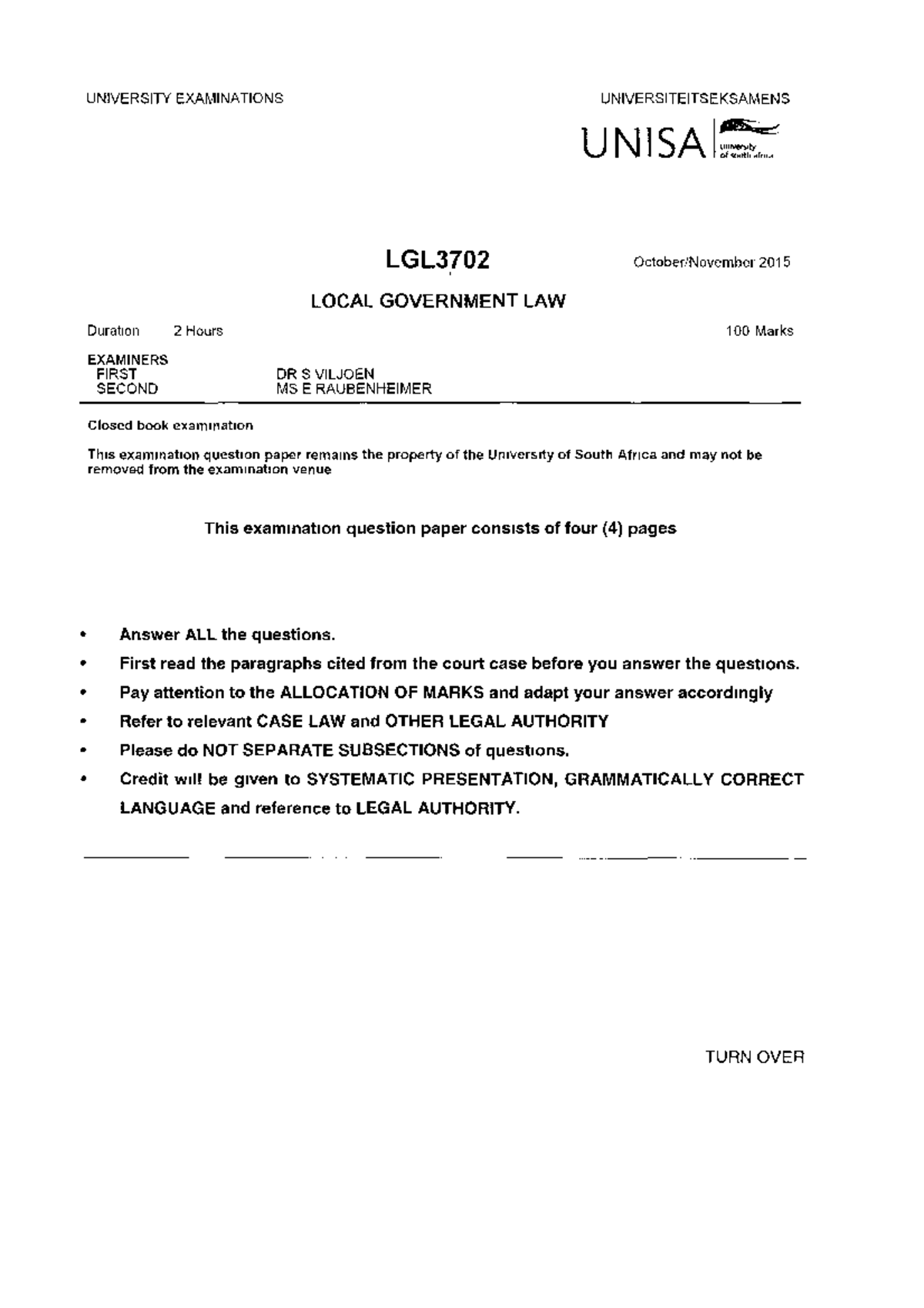 LGL3702 2015 10 E 1 past exam paper just questions. - LGL3702 - Studocu