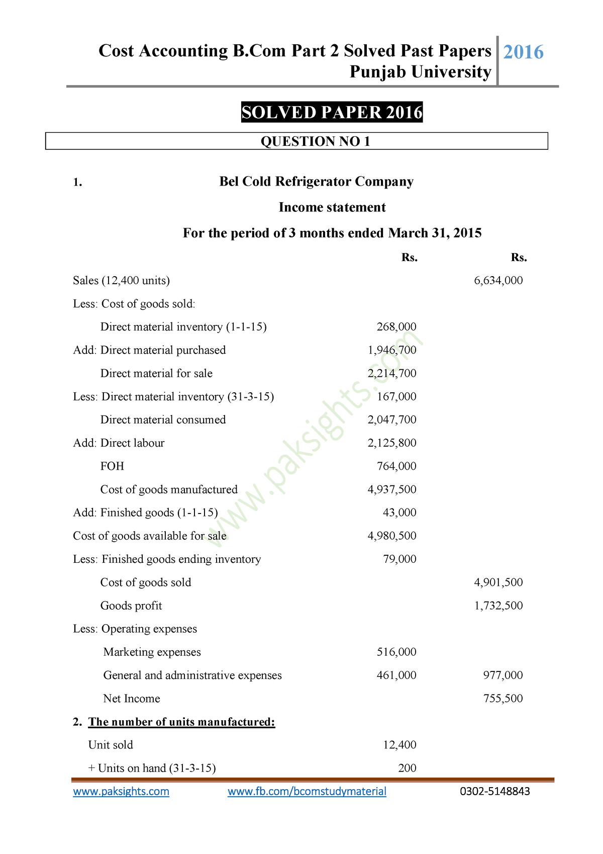 Cost Accounting Adc Bcom Part 2 Solved Past Paper 2016 - Punjab ...