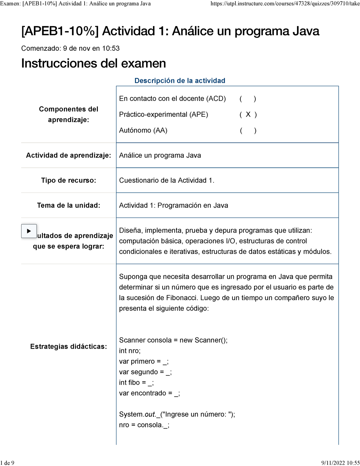 Examen [APEB 1-10 ] Actividad 1 Análice Un Programa Java - [APEB1-10% ...