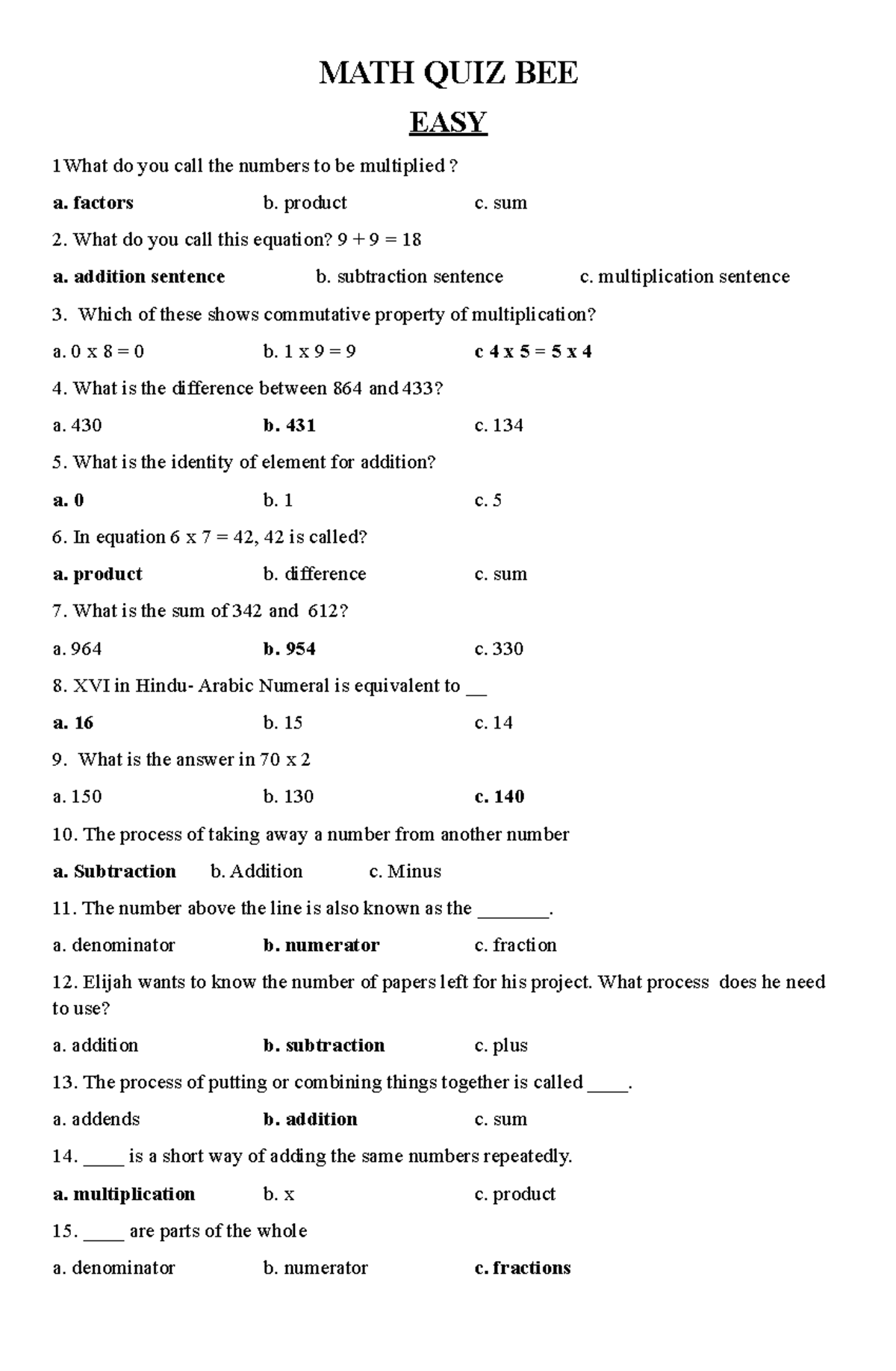 Math Quiz For Grade 6 With Answers