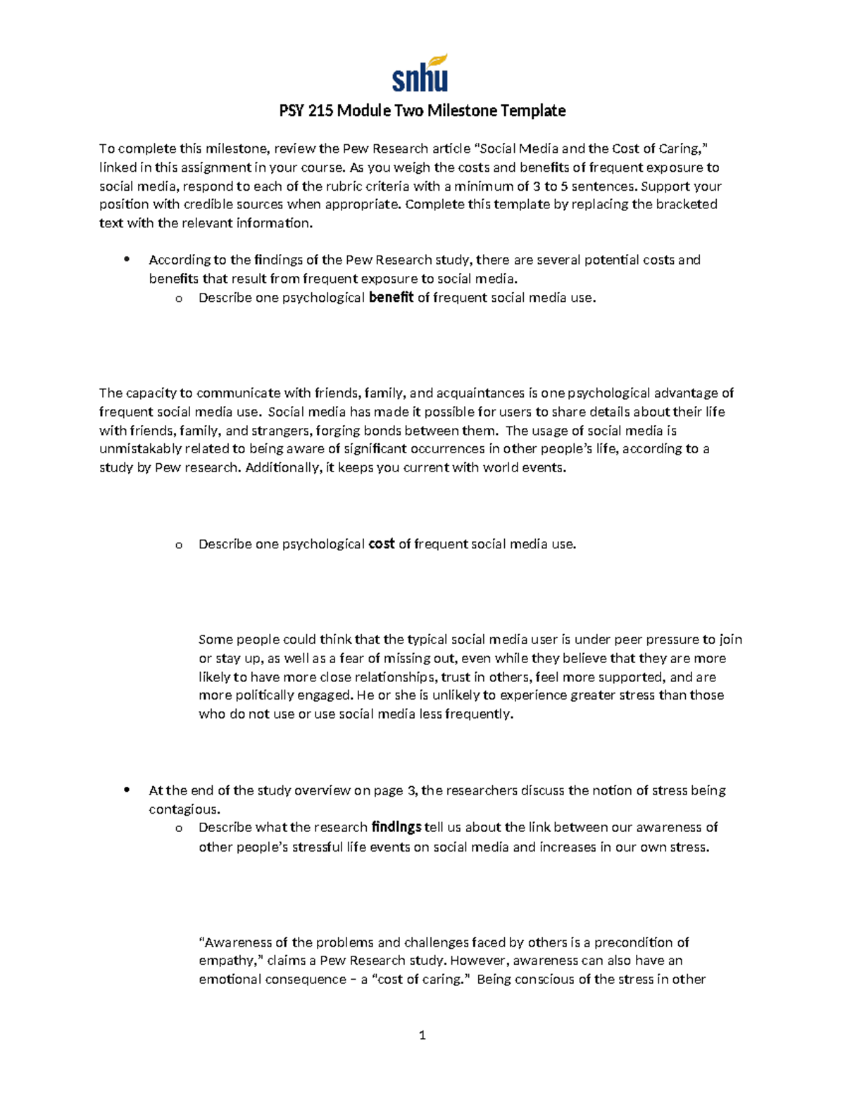 Psy 215 Module Two Milestone Template - As You Weigh The Costs And 