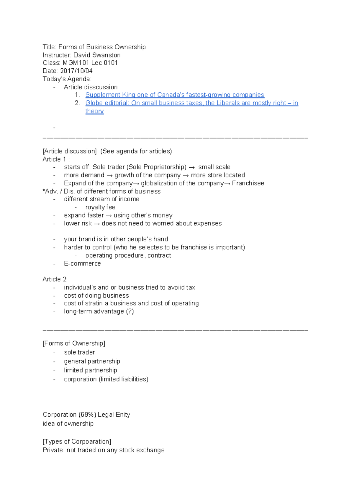 MGM101 2017 10 04 - Title: Forms of Business Ownership Instructer ...