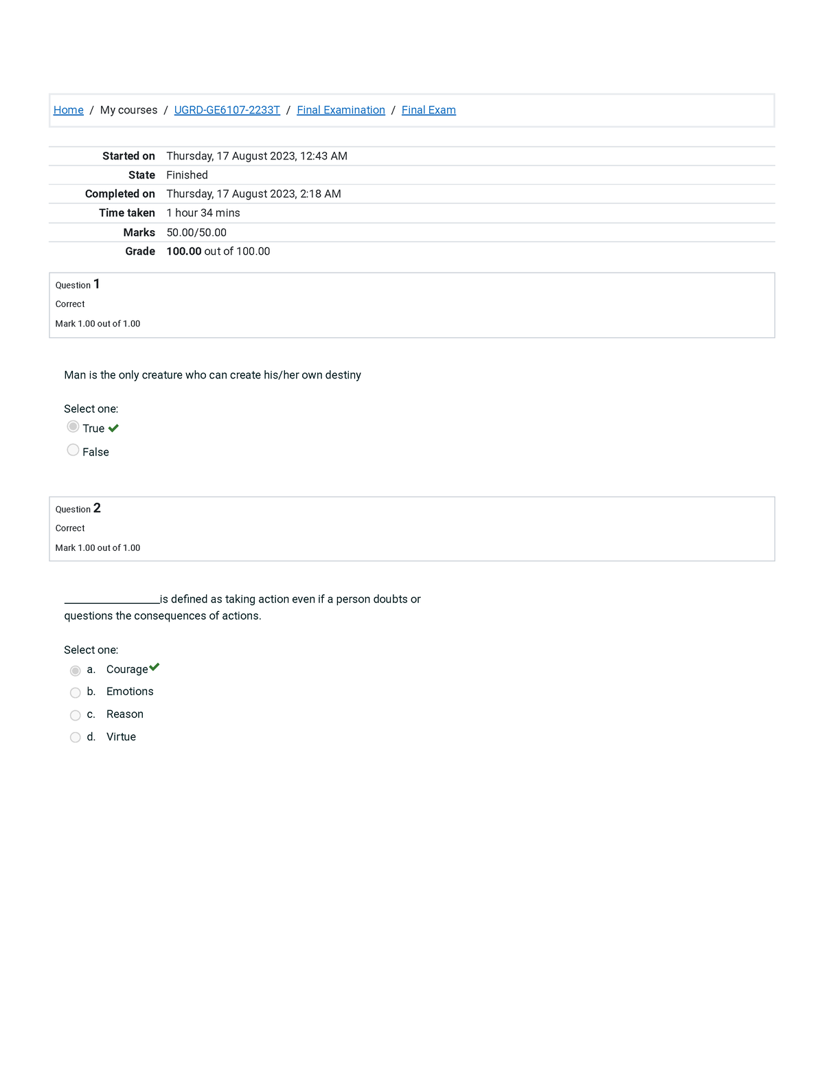 NSTP6101 Final Exam Attempt review - Home / My courses / UGRD