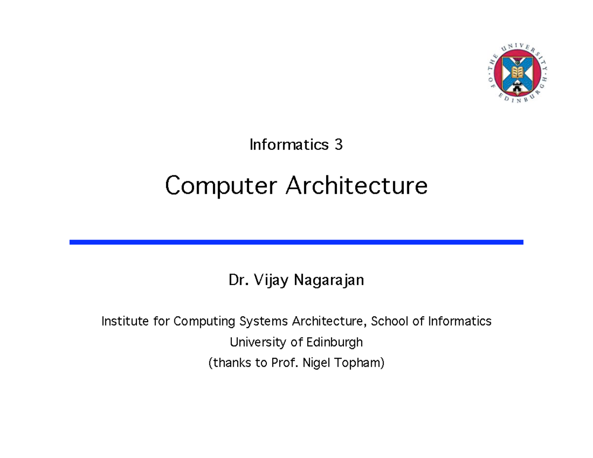 Lecture 01-intro - Computer Architecture = – Instruction Set ...