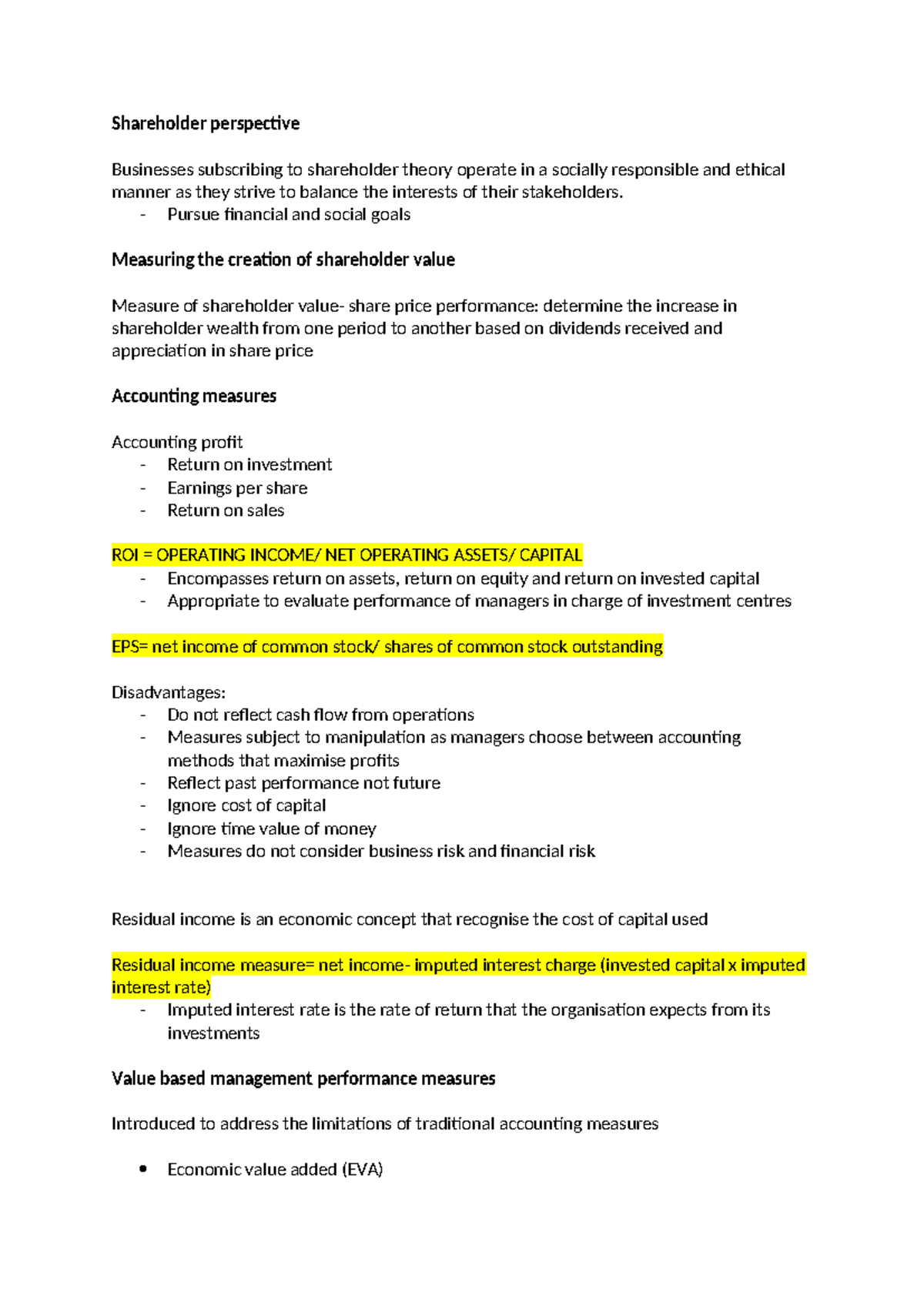 Week 4 - LECTURES NOTES - Shareholder perspective Businesses ...