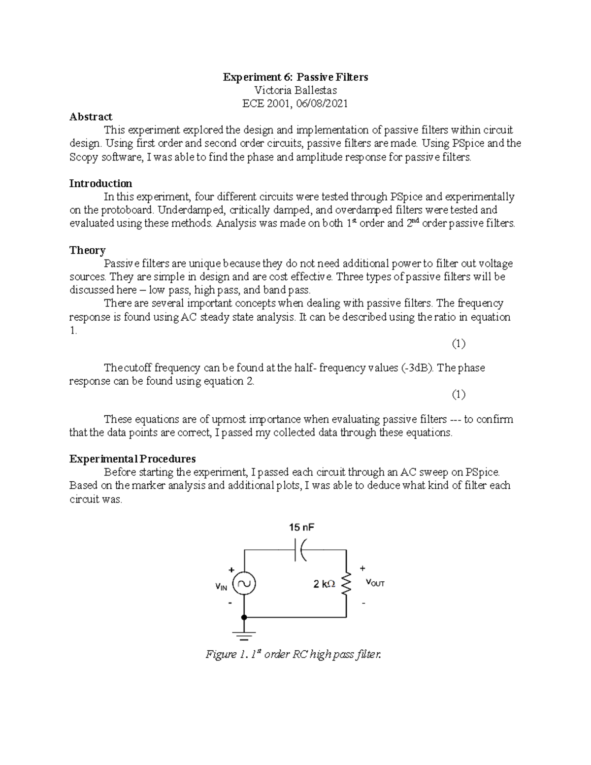 Experiment 6 Passive Filters Experiment 6 Passive Filters Victoria
