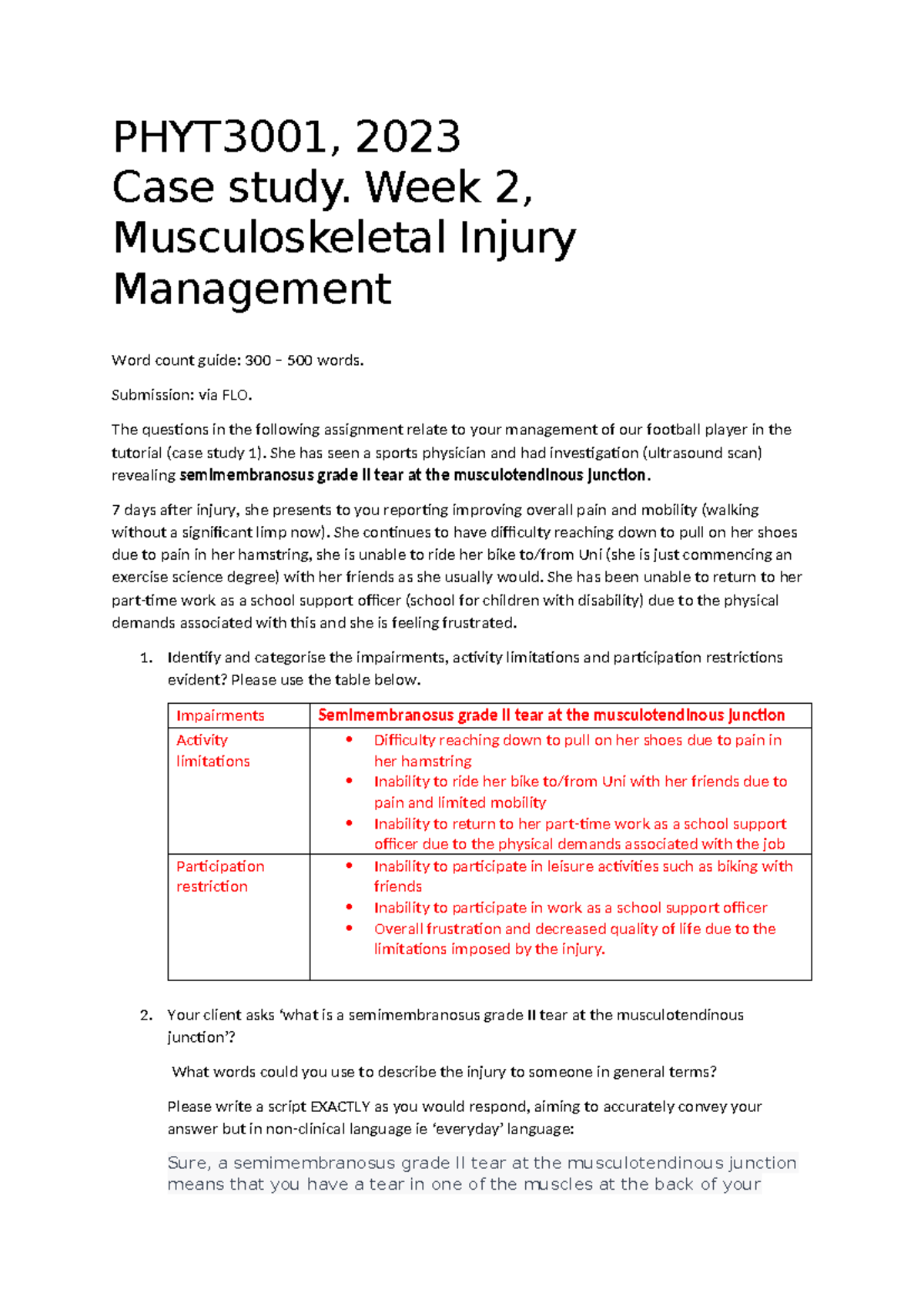 Assignment week 2 msk - PHYT3001, 2023 Case study. Week 2 ...