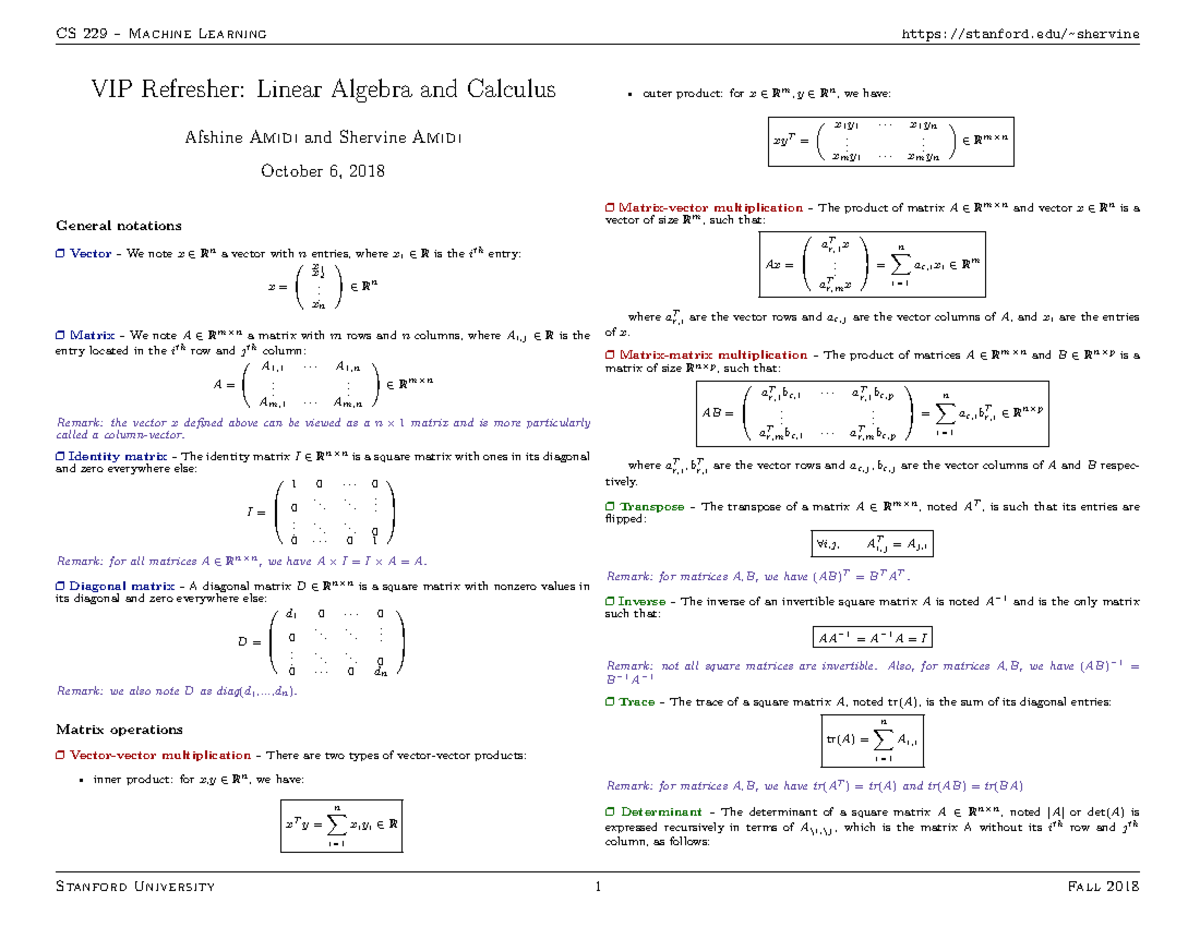 Cheat Sheet LA Simple - CS 229 – Machine Learning Stanford/~shervine ...